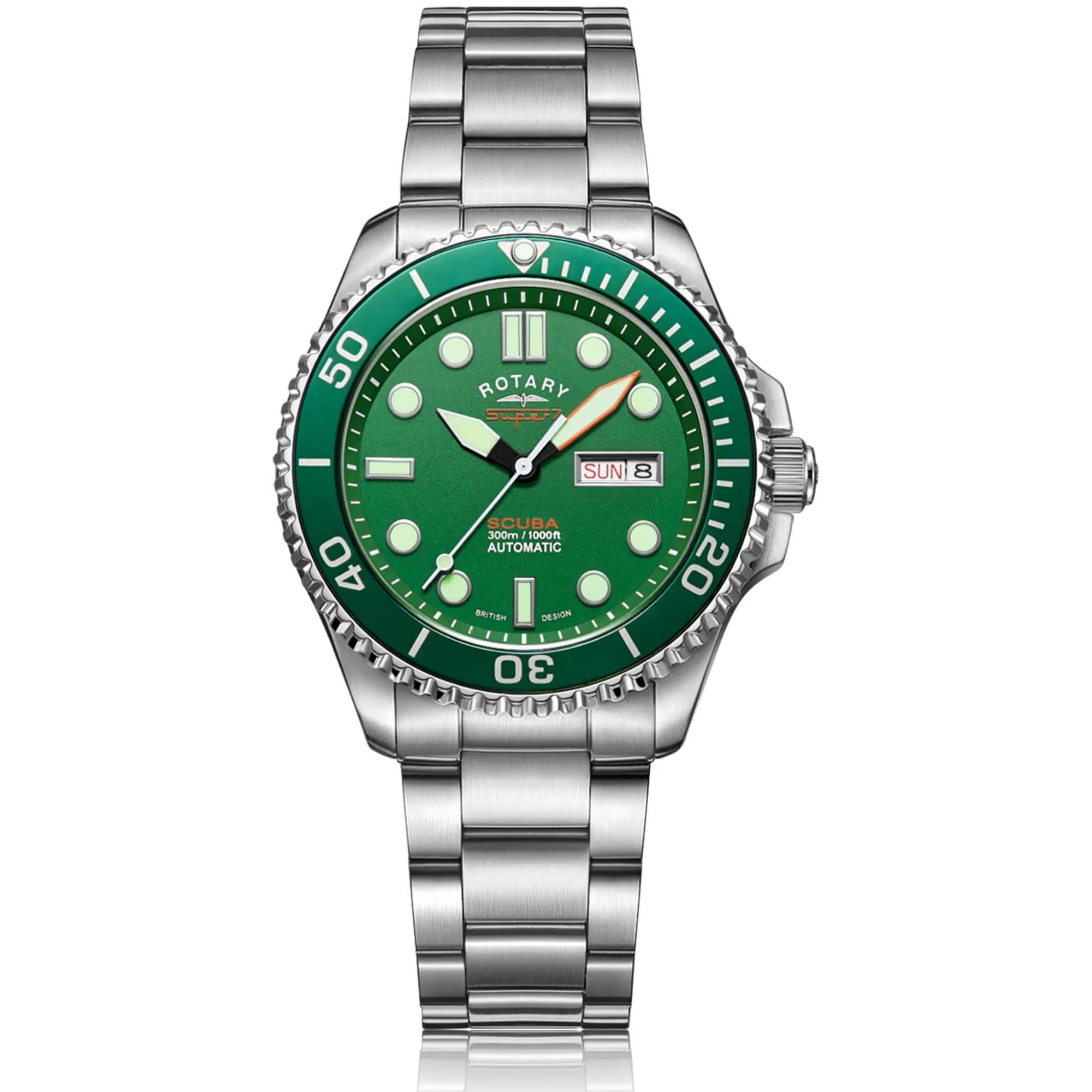 Rotary Super 7 SCUBA 'Hulk' Automatik Grünes Zifferblatt Silbernes Edelstahlarmband Herren Taucheruhr S7S003B