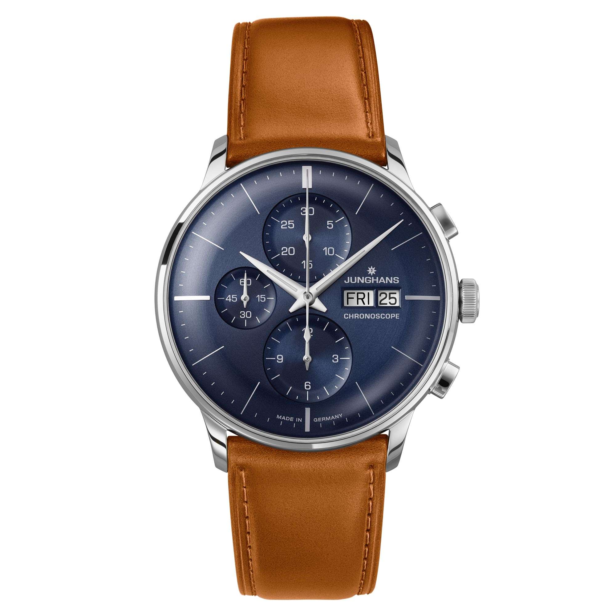 Junghans Meister Chronoscope Mechanische Handaufzug Blaues Zifferblatt Braunes Lederarmband Herren Uhr 027/4526.01