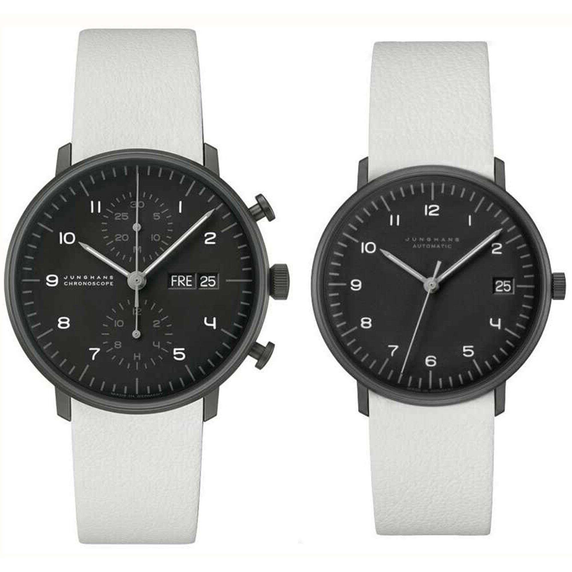 Junghans Max Bill Edition Set 2020 027/4018.03 Schwarzes Zifferblatt Weißes Lederarmband Herren Uhr
