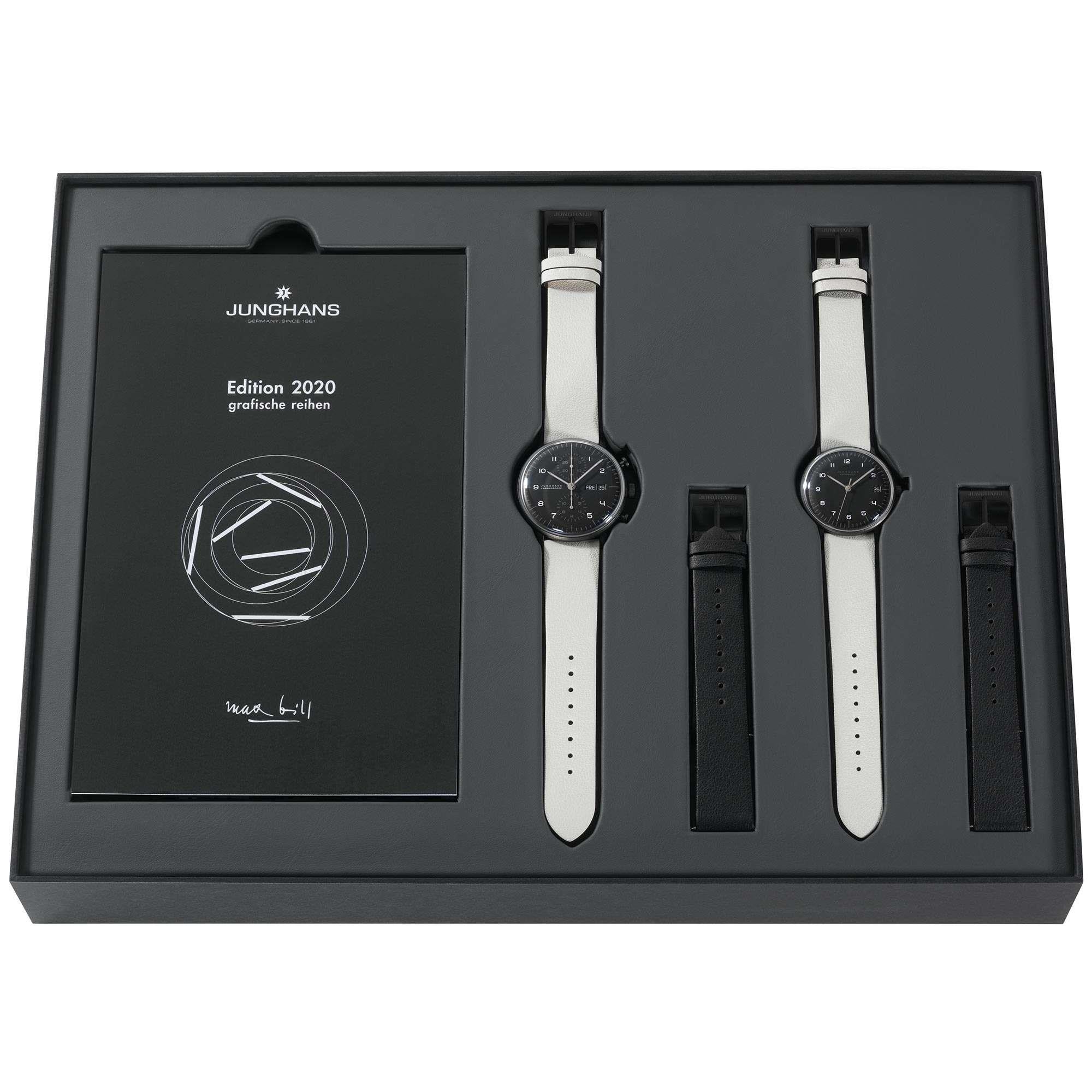 Junghans Max Bill Edition Set 2020 027/4018.03 Schwarzes Zifferblatt Weißes Lederarmband Herren Uhr