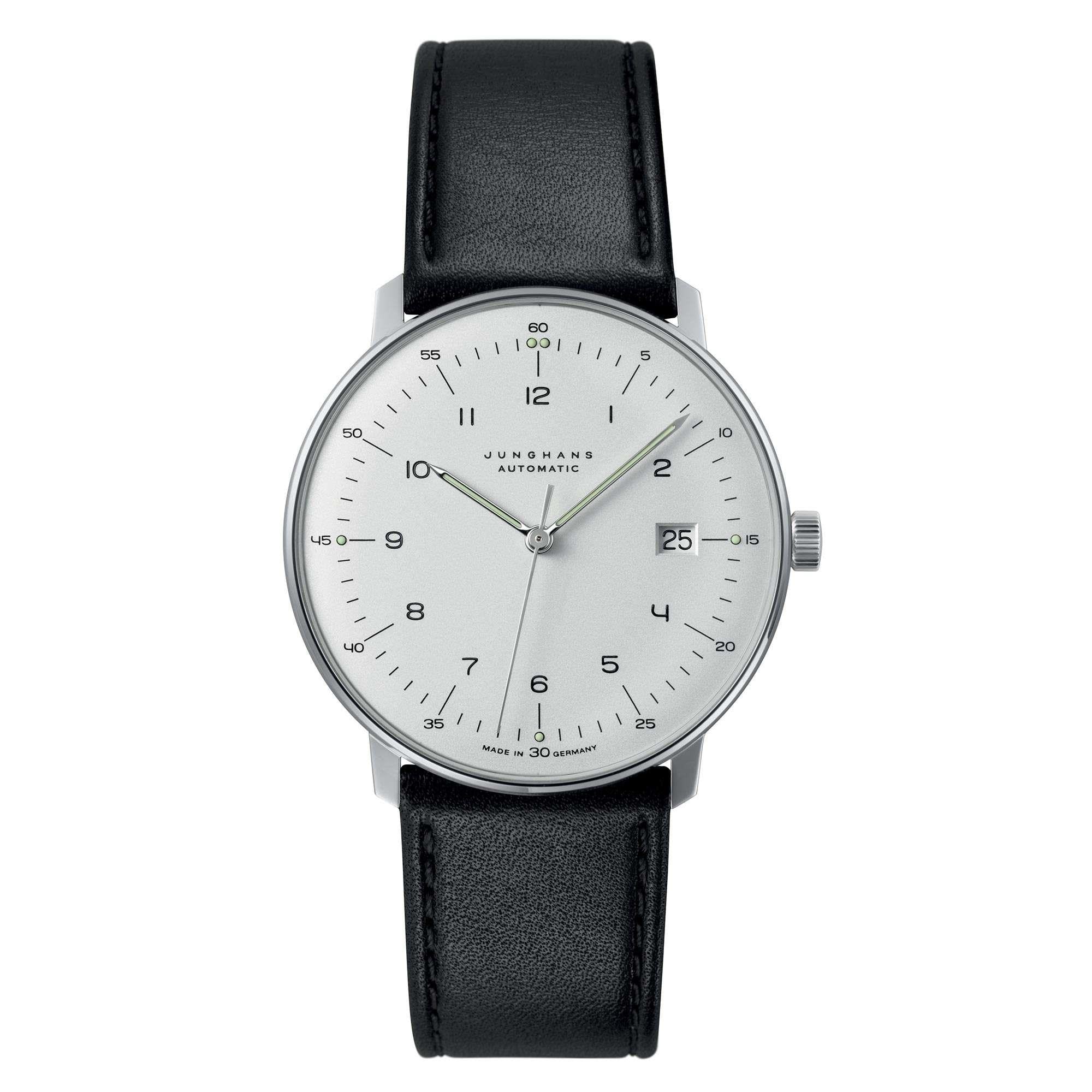 Junghans Max Bill Automatik 027/4700.02 Silbernes Zifferblatt Schwarzes Lederarmband Herren Uhr