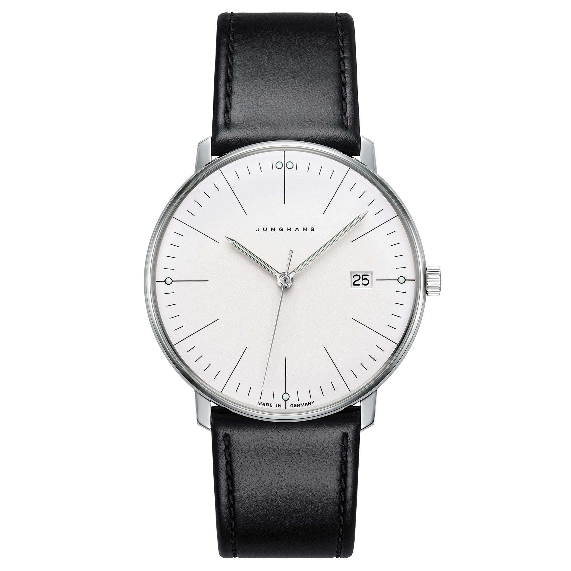 Junghans Max Bill Quarz 041/4817.04 Silbernes Zifferblatt Schwarzes Lederarmband Herren Uhr