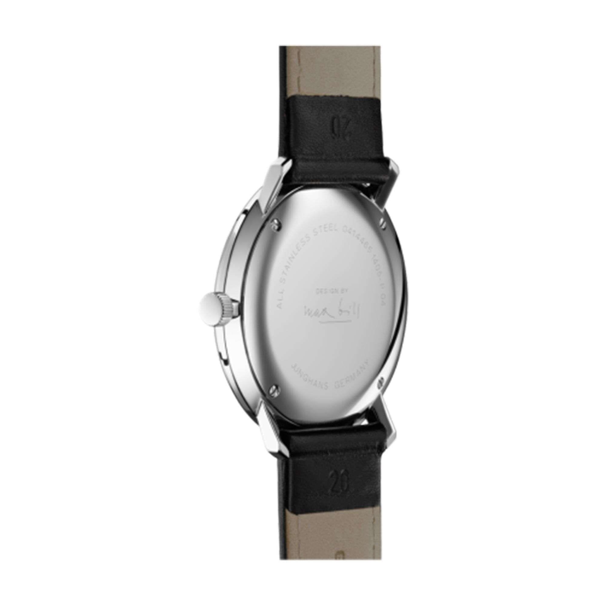 Junghans Max Bill Quarz 041/4817.04 Silbernes Zifferblatt Schwarzes Lederarmband Herren Uhr