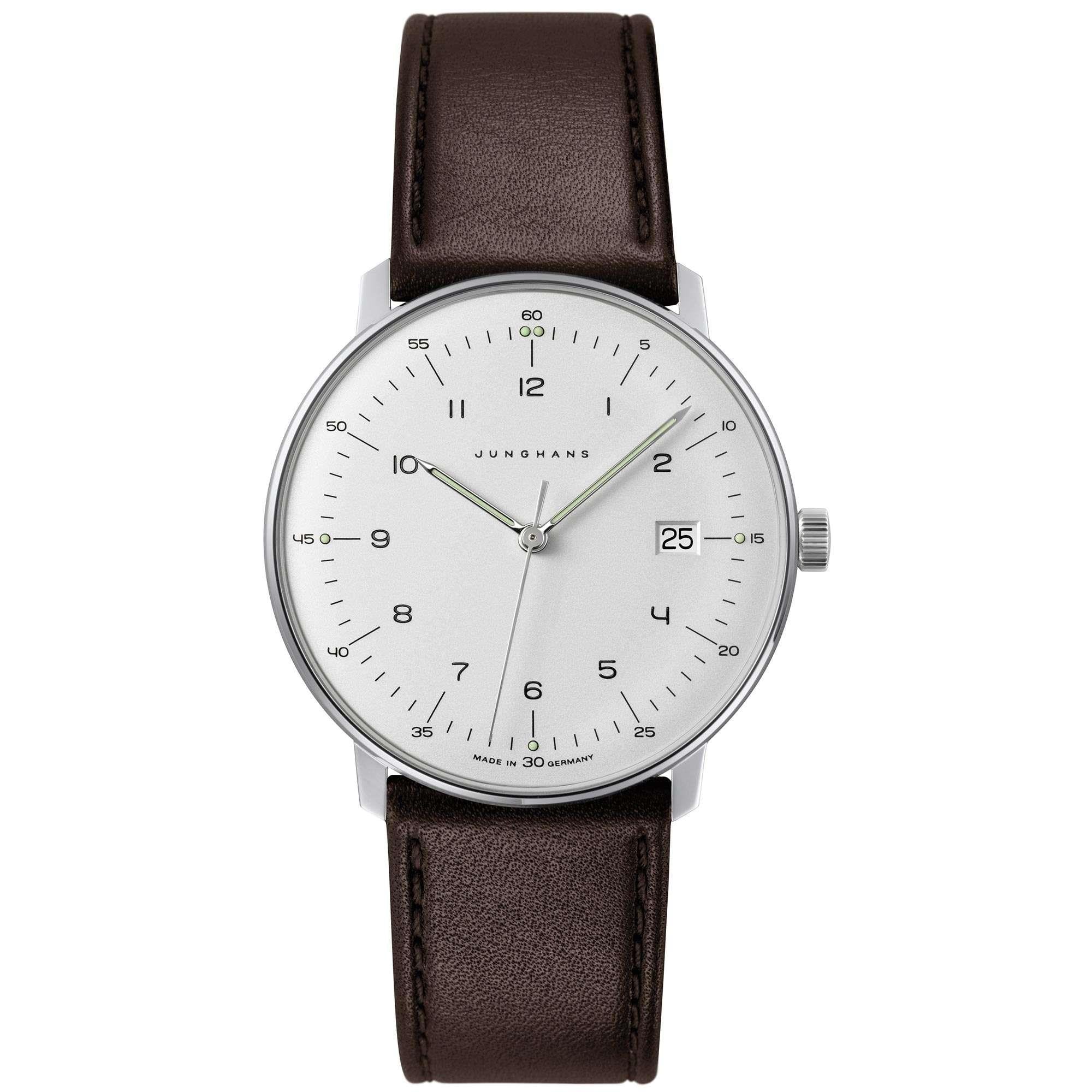 Junghans Max Bill Quarz 041/4461.04 Silbernes Zifferblatt Braunes Lederarmband Herren Uhr
