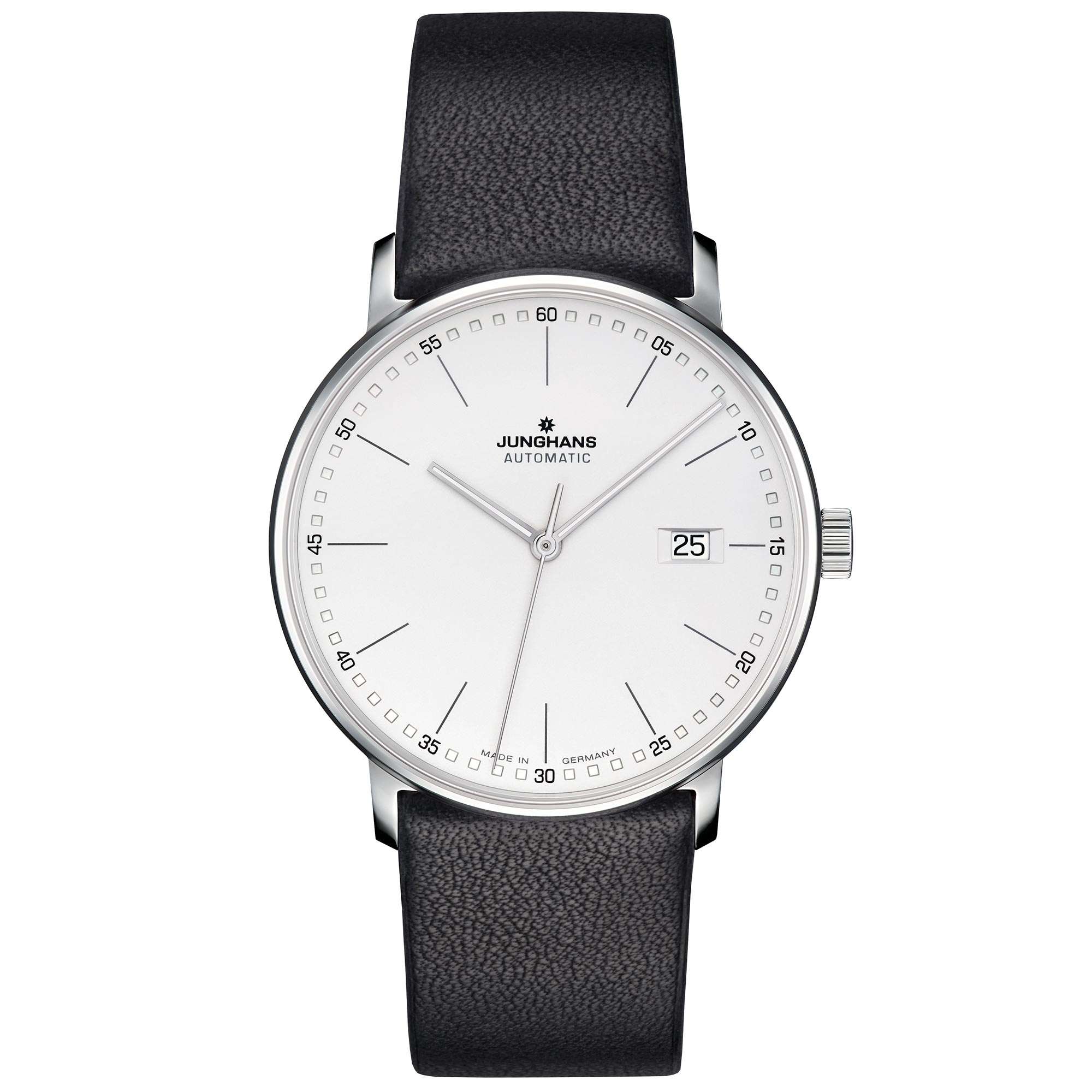 Junghans Form A Automatik Silbernes Zifferblatt Schwarzes Lederarmband Herren Uhr 027/4730.00