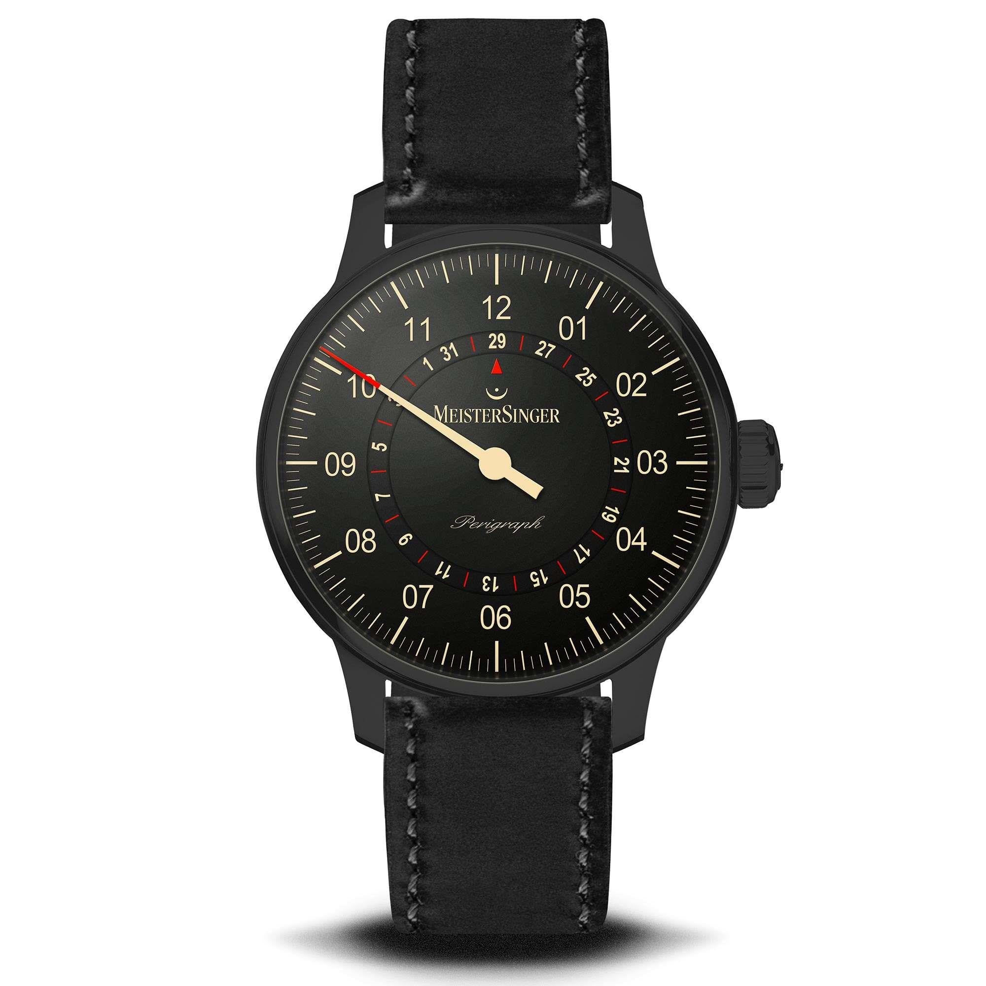 MeisterSinger Perigraph Automatik Schwarzes Zifferblatt Lederarmband Herren Uhr AM1002BL