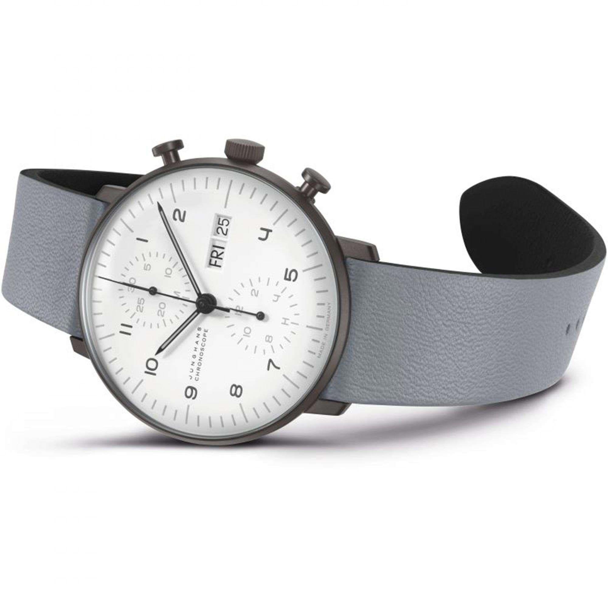 Junghans Max Bill Chronoscope Automatic White Dial Grey Leather Strap Men's Watch 027/4008.05