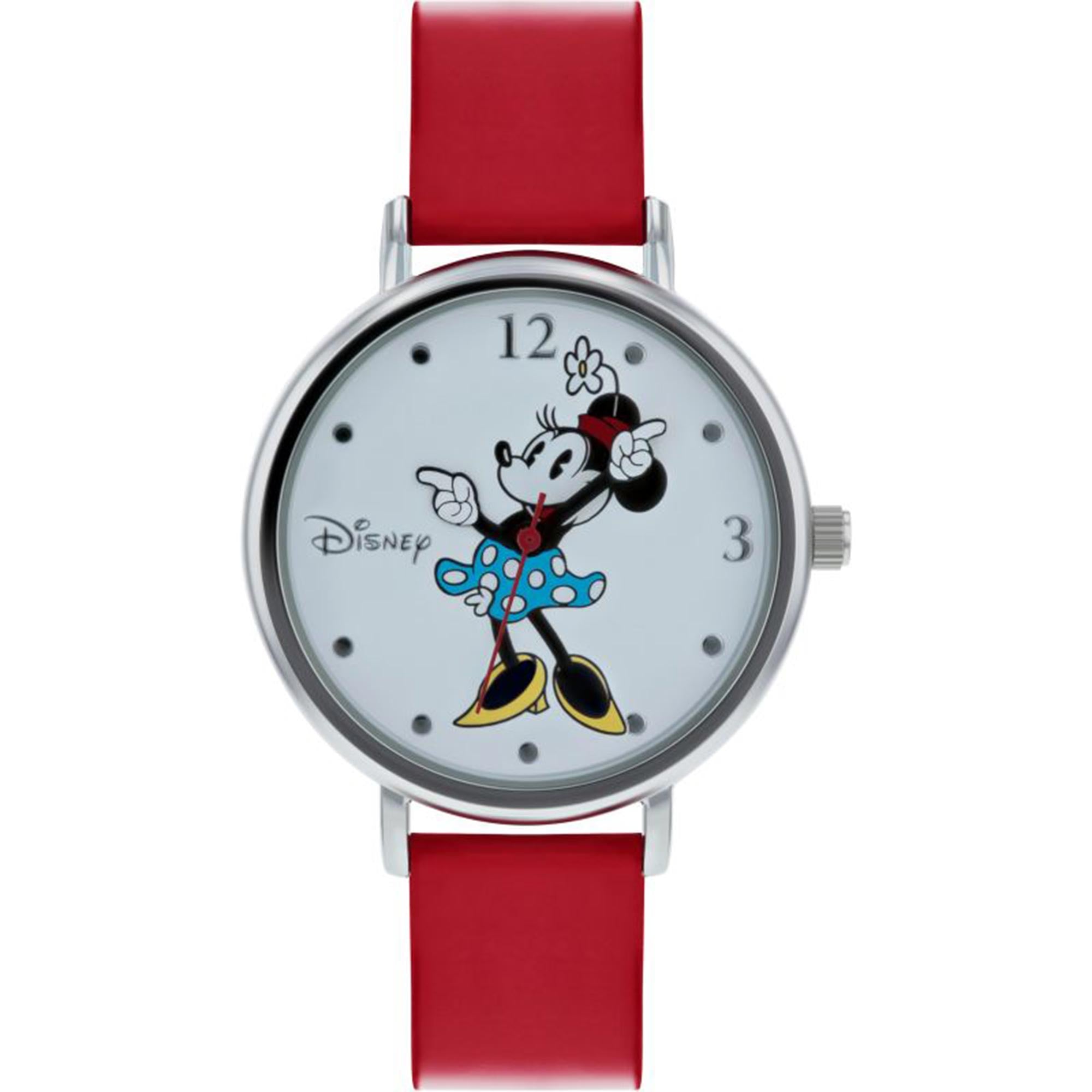 Disney Minnie Maus Quarz Silbernes Zifferblatt Rotes Lederarmband Mädchen Uhr MN1302