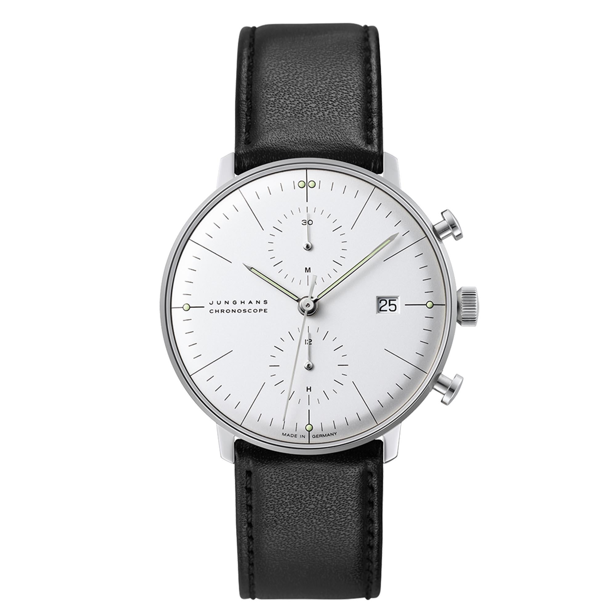 Montre Homme Junghans Max Bill Chronoscope Cadran Argent Bracelet Cuir Noir 27/4600.04