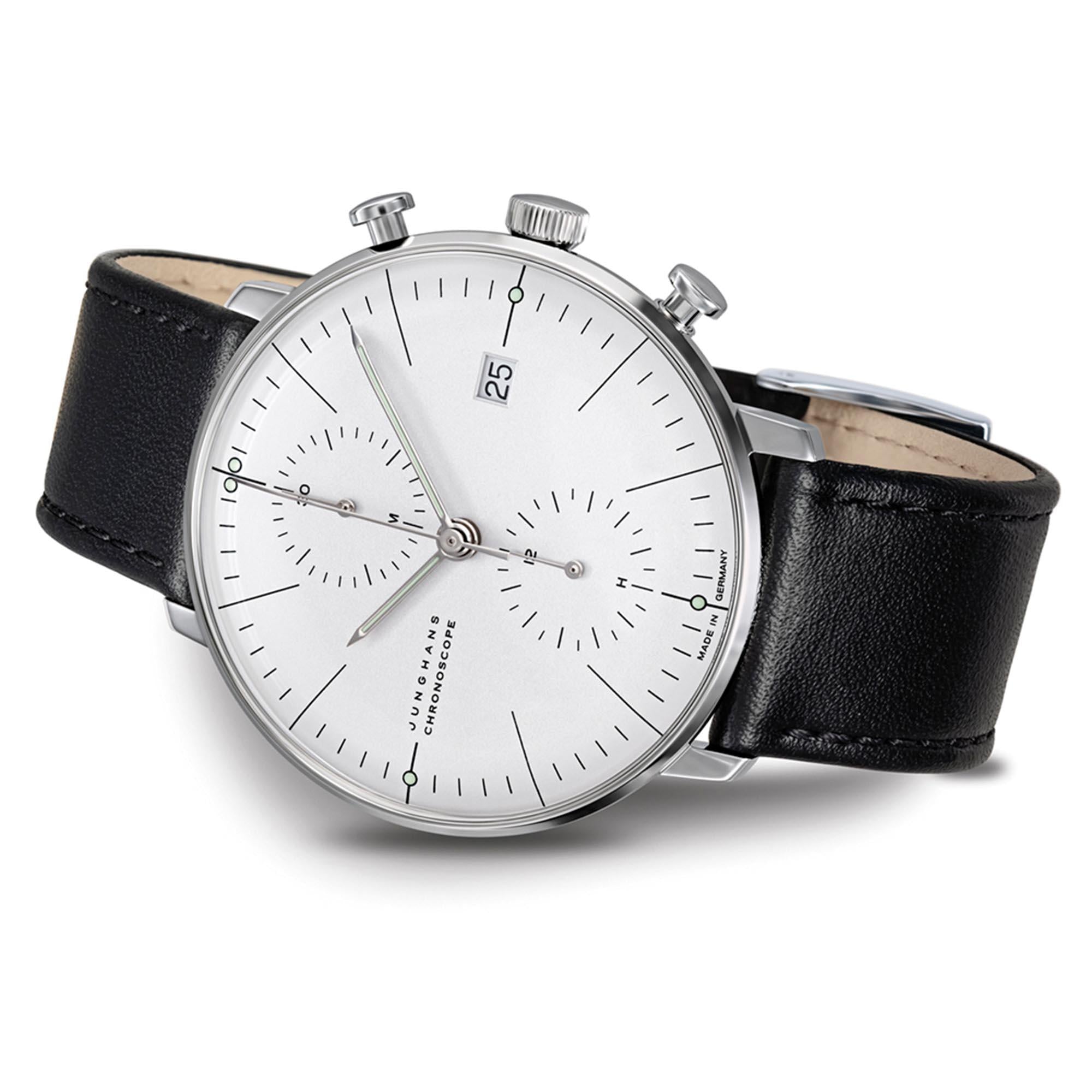 Montre Homme Junghans Max Bill Chronoscope Cadran Argent Bracelet Cuir Noir 27/4600.04