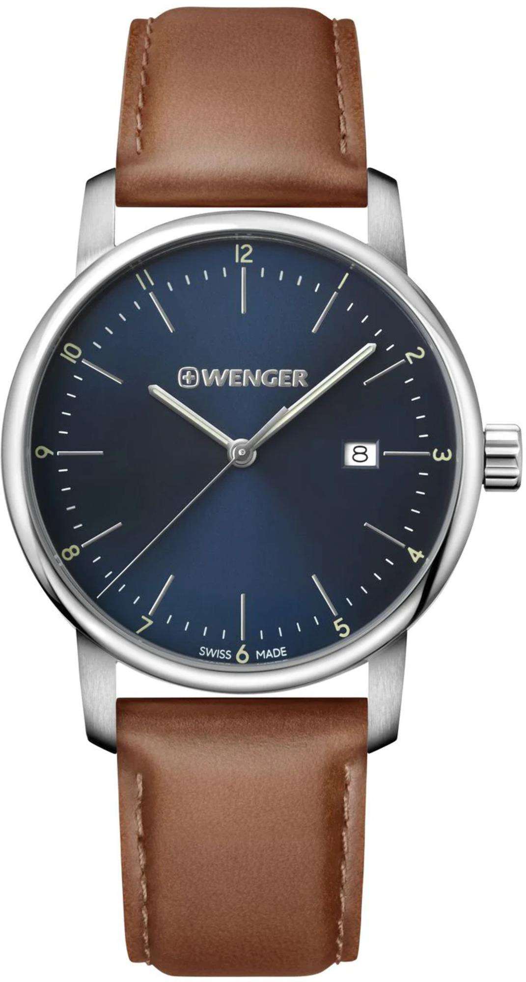 Wenger Urban Classic Quarz Blaues Zifferblatt Braunes Lederarmband Herren Uhr 01.1741.111