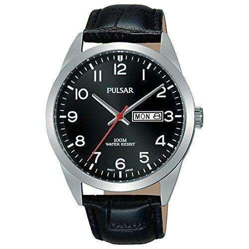 Pulsar Klassische Quarz Silbernes Edelstahlgehäuse Lederarmband Schwarzes Zifferblatt Herren Uhr
