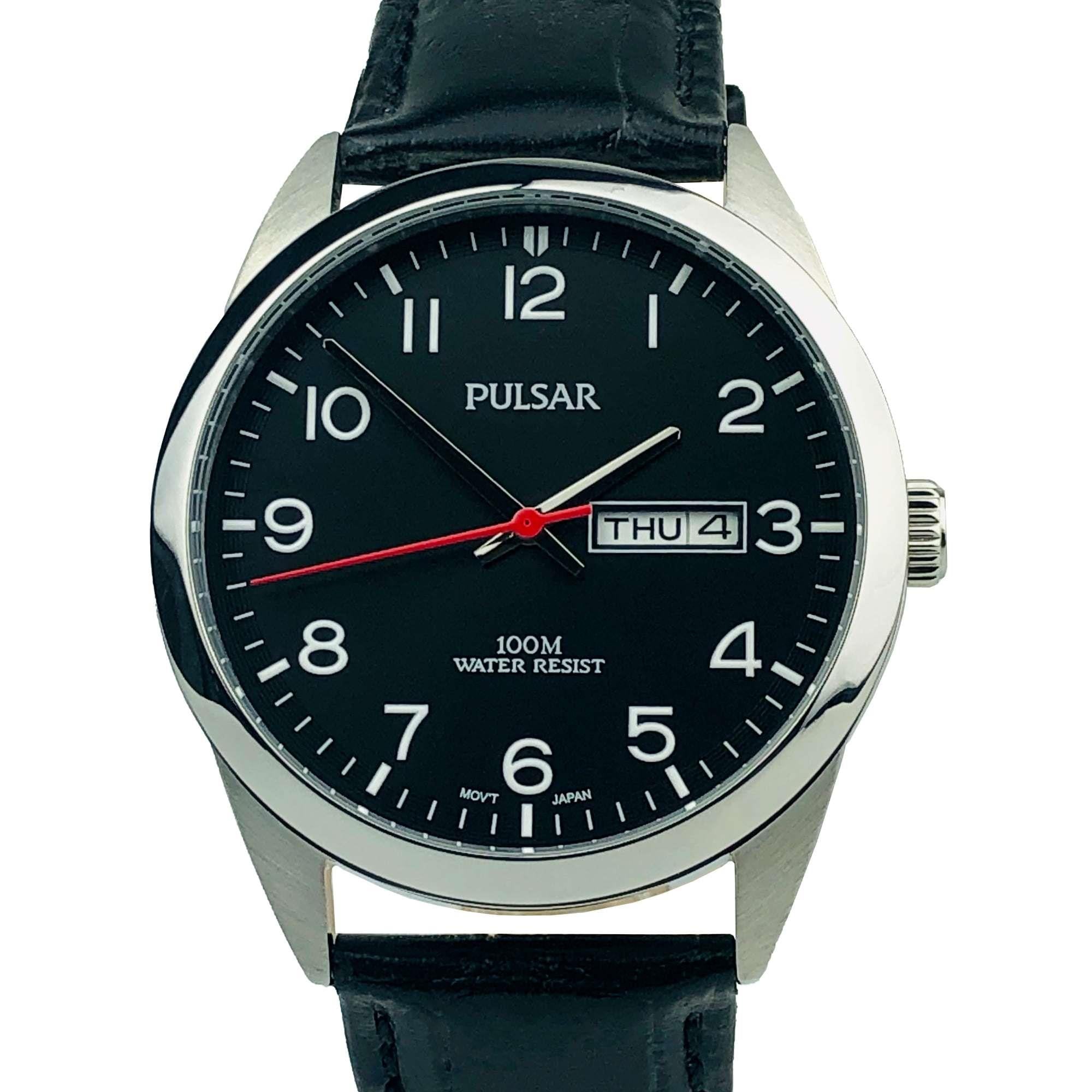 Pulsar Klassische Quarz Silbernes Edelstahlgehäuse Lederarmband Schwarzes Zifferblatt Herren Uhr