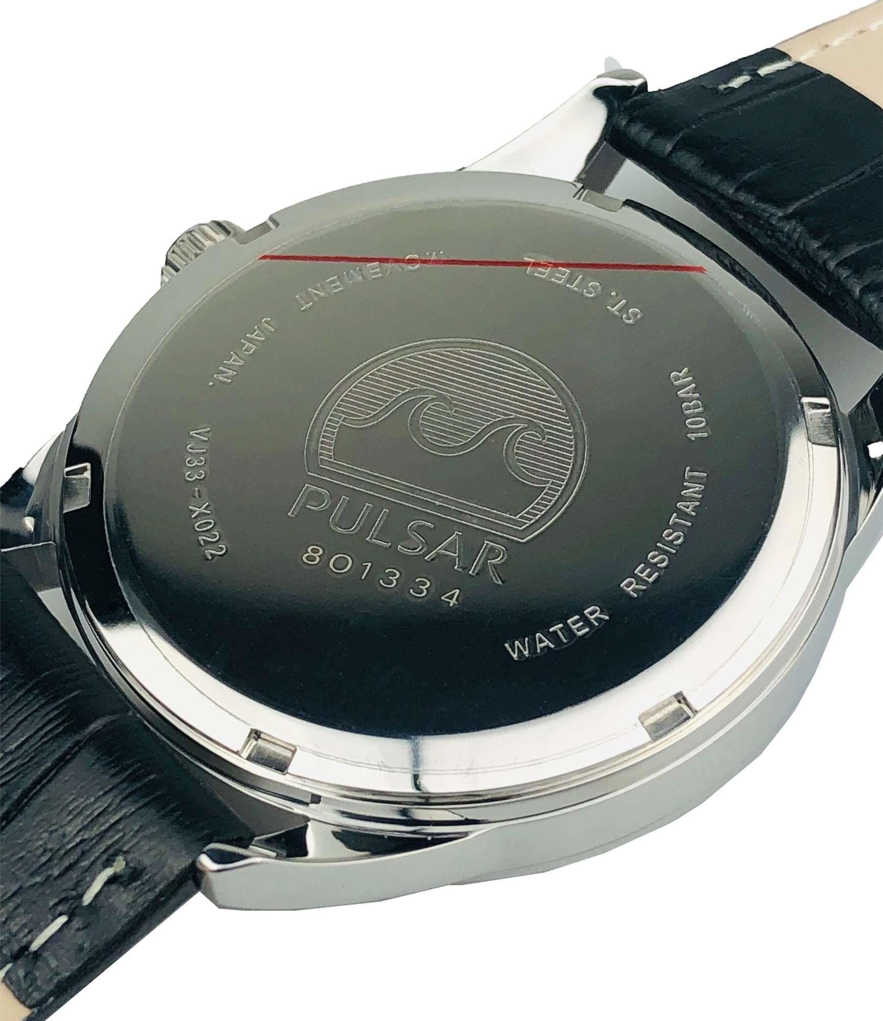 Pulsar Klassische Quarz Silbernes Edelstahlgehäuse Lederarmband Schwarzes Zifferblatt Herren Uhr