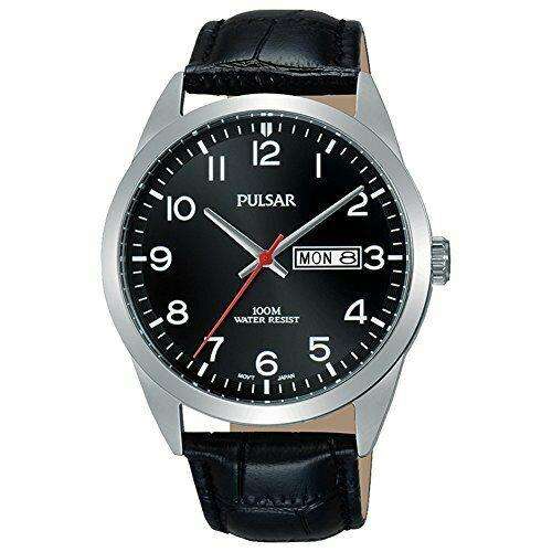 Pulsar Klassische Quarz Silbernes Edelstahlgehäuse Lederarmband Schwarzes Zifferblatt Herren Uhr