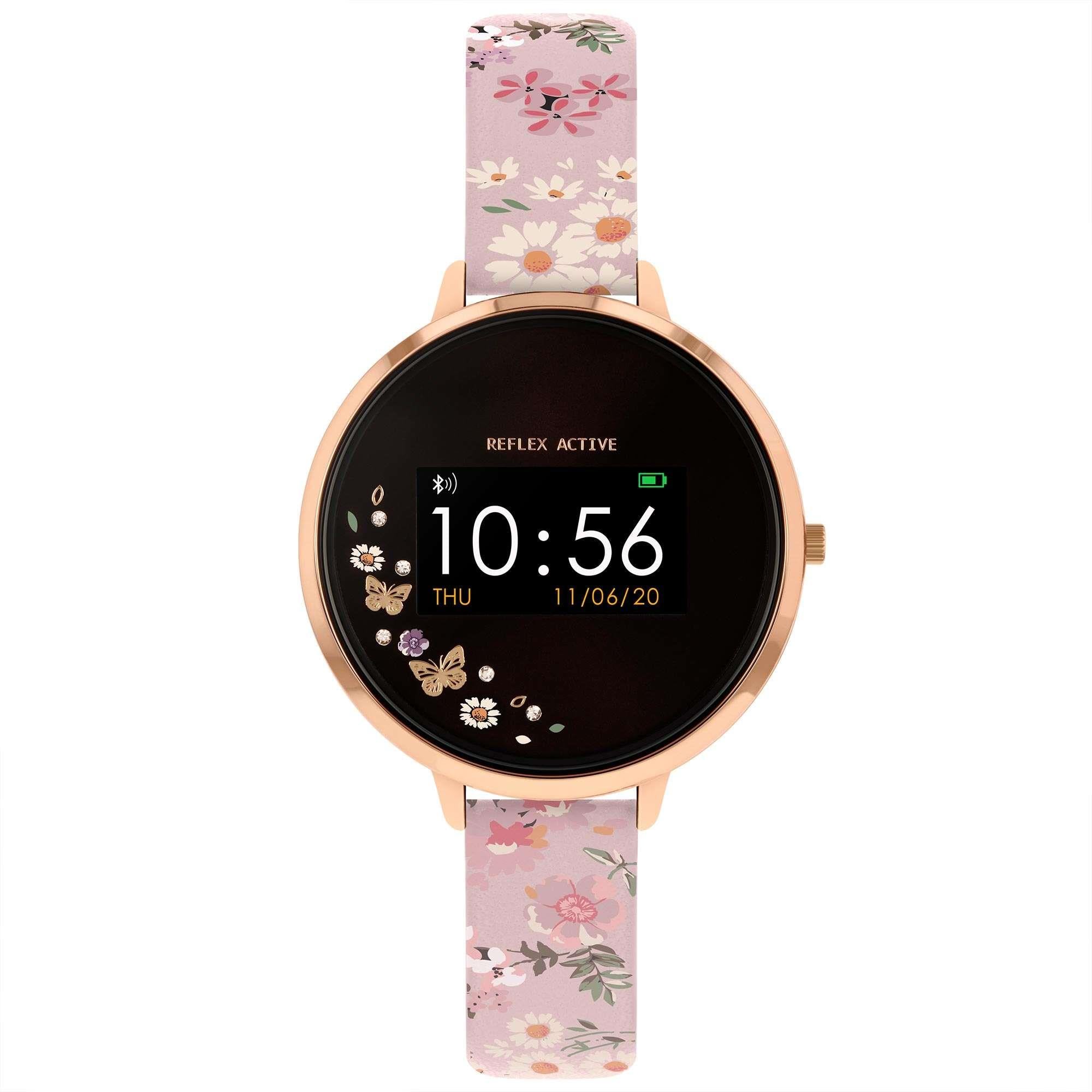 Reflex Active Bluetooth Schwarzes Zifferblatt Pink Blumenarmband Roségold Armband Damen Smartwatch RA03-2058