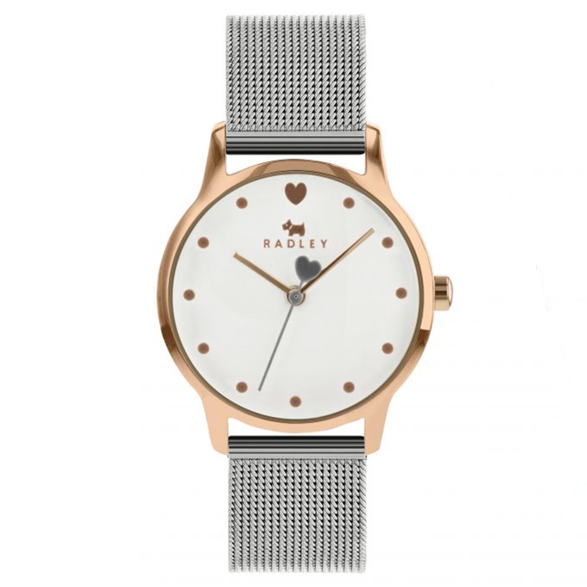 Radley Quarz Weißes Zifferblatt Silberne Mailänder Stahl Charme Armband Gold Damen Uhr RY4411