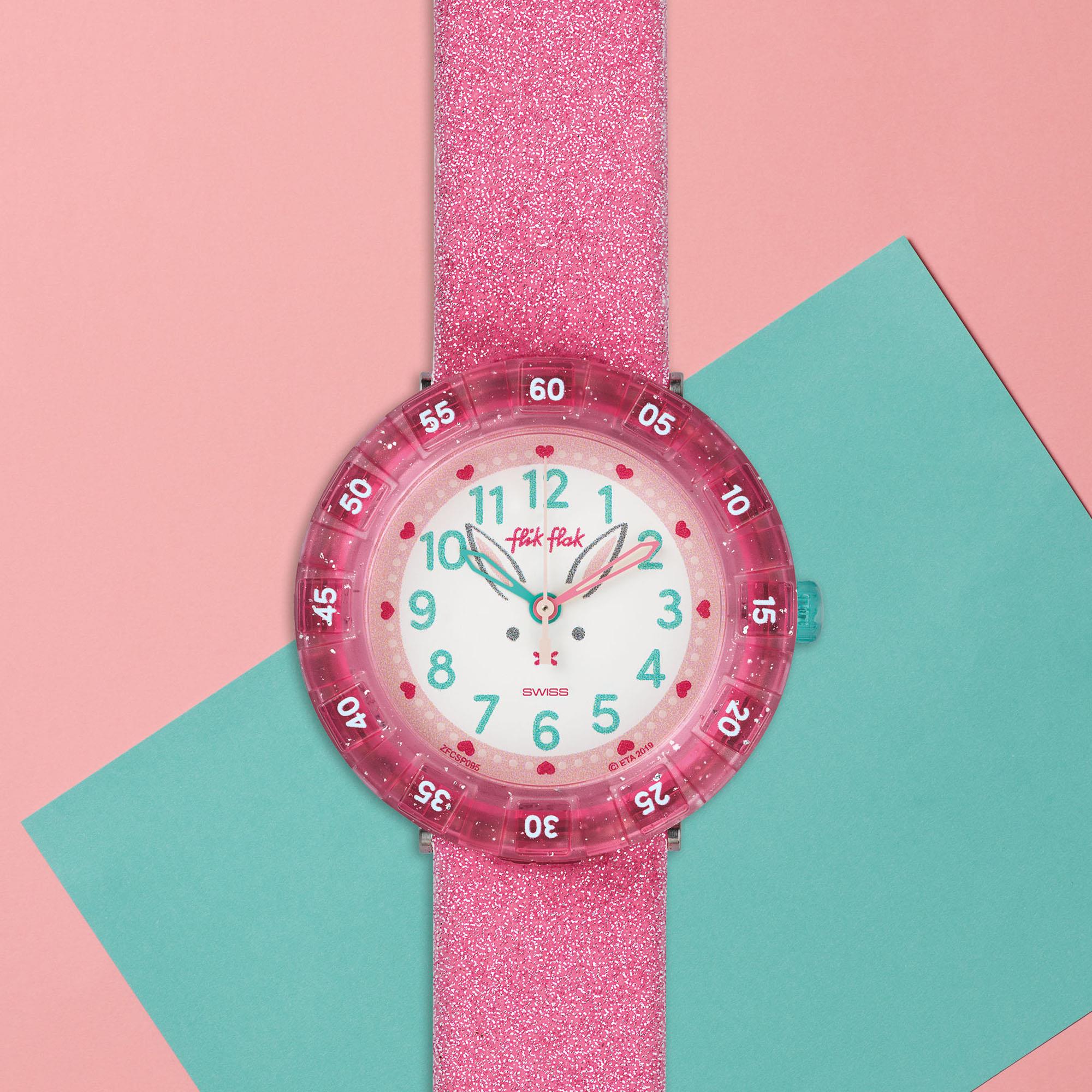Flik Flak Bunnyaxus Quarz Weißes Zifferblatt Pinkes Silikonarmband Mädchen Uhr FCSP095
