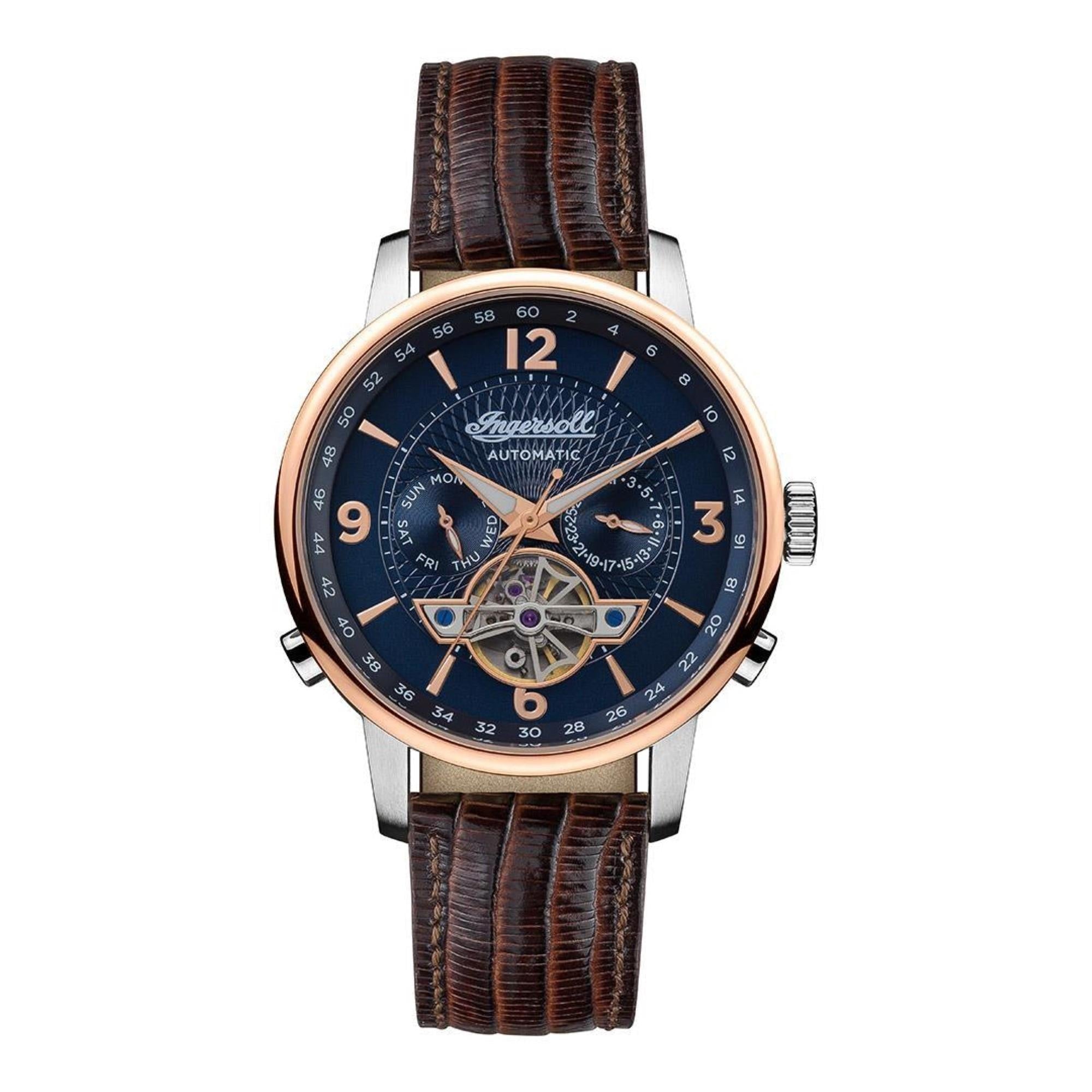 Ingersoll The Grafton Automatik Blaues Zifferblatt Braunes Lederarmband Herren Uhr I00703B