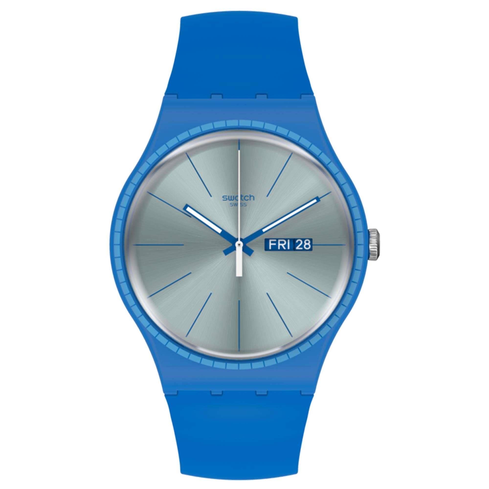 Swatch Essentials Blaue Schienen Quarzwerk Silbernes Zifferblatt Silikonarmband Herren Uhr SUON714