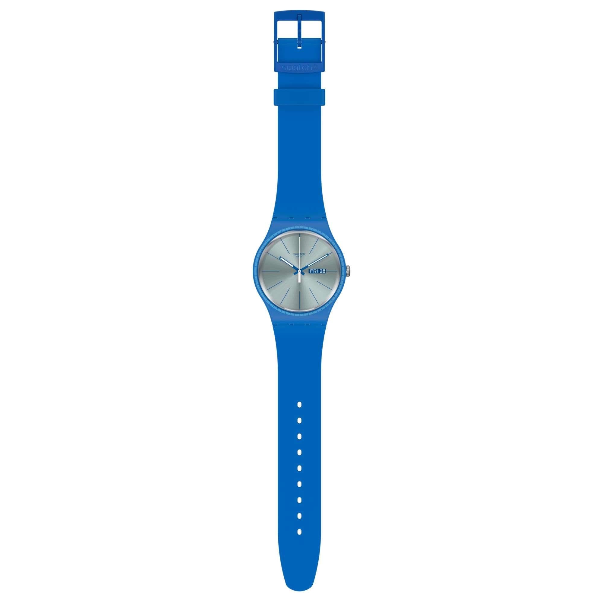 Swatch Essentials Blaue Schienen Quarzwerk Silbernes Zifferblatt Silikonarmband Herren Uhr SUON714