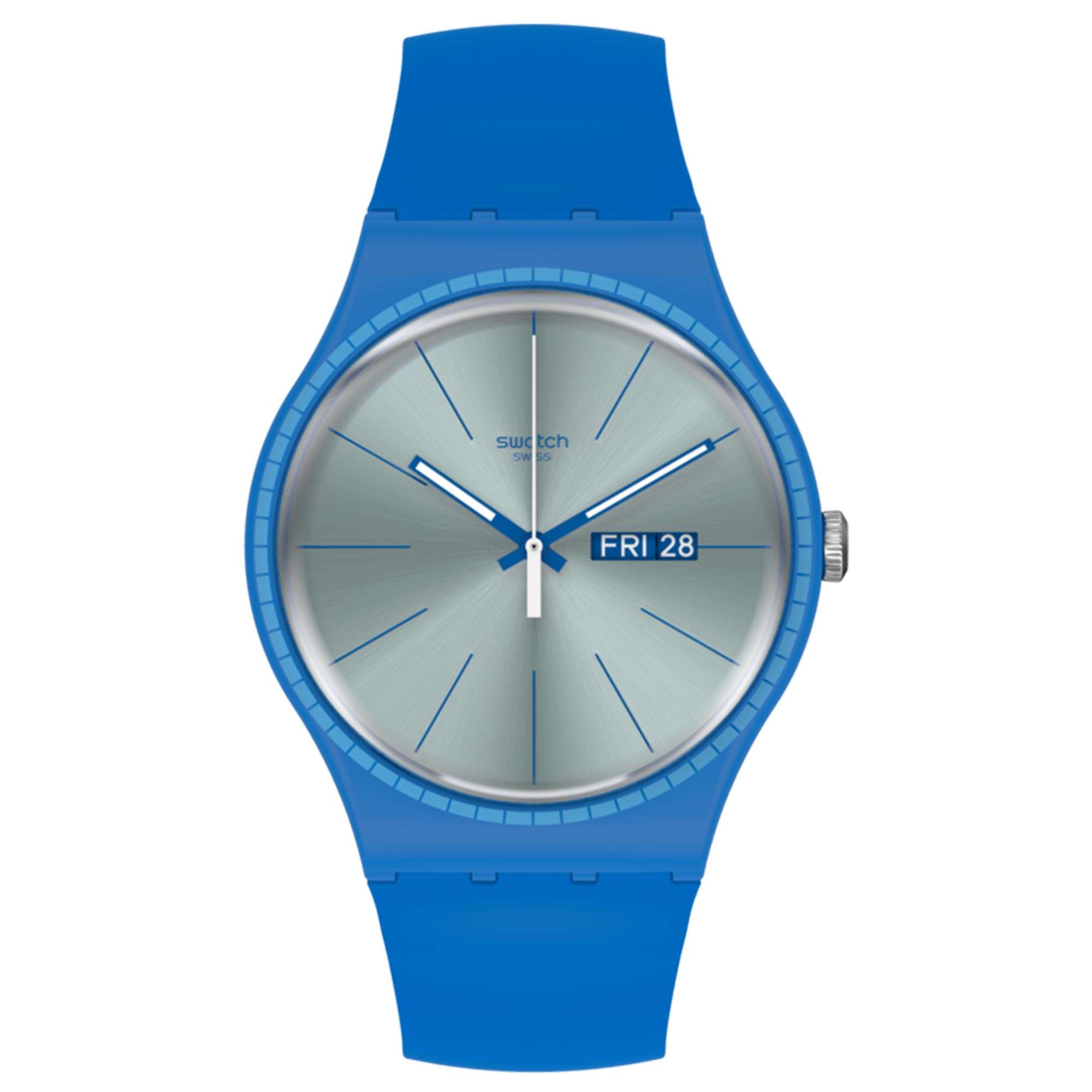 Swatch Essentials Blaue Schienen Quarzwerk Silbernes Zifferblatt Silikonarmband Herren Uhr SUON714