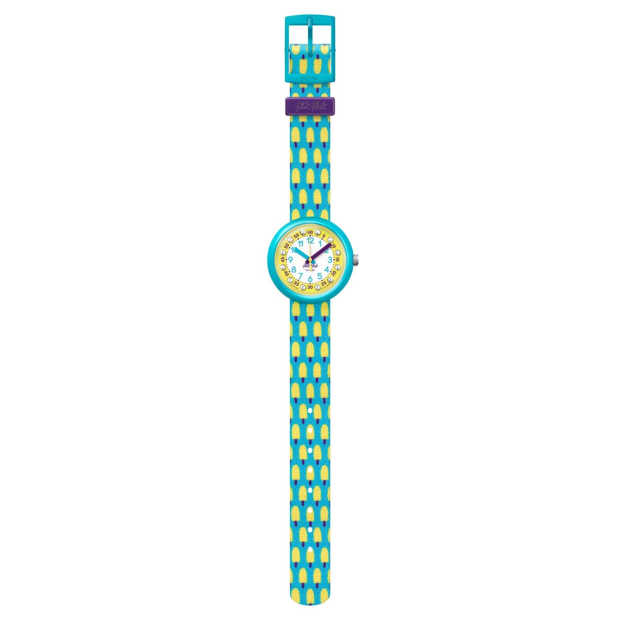 Flik Flak Pool in Miami Lemon Freeze Quarzwerk Gelbes Zifferblatt Textilarmband Kinderuhr FPNP062