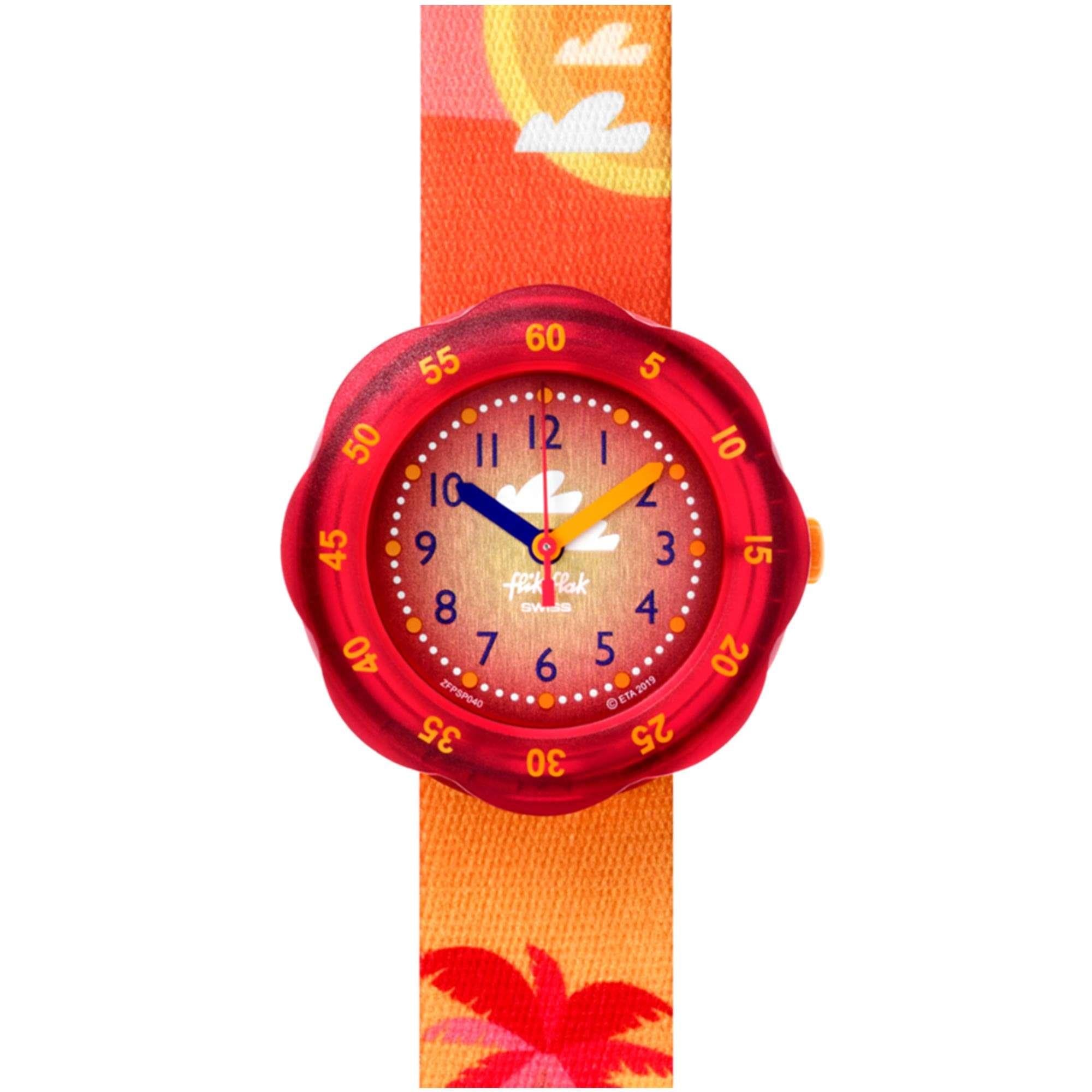 Flik Flak Pool in Miami Palmiboo Quarzwerk Rotes Zifferblatt Textilarmband Kinderuhr FPSP040