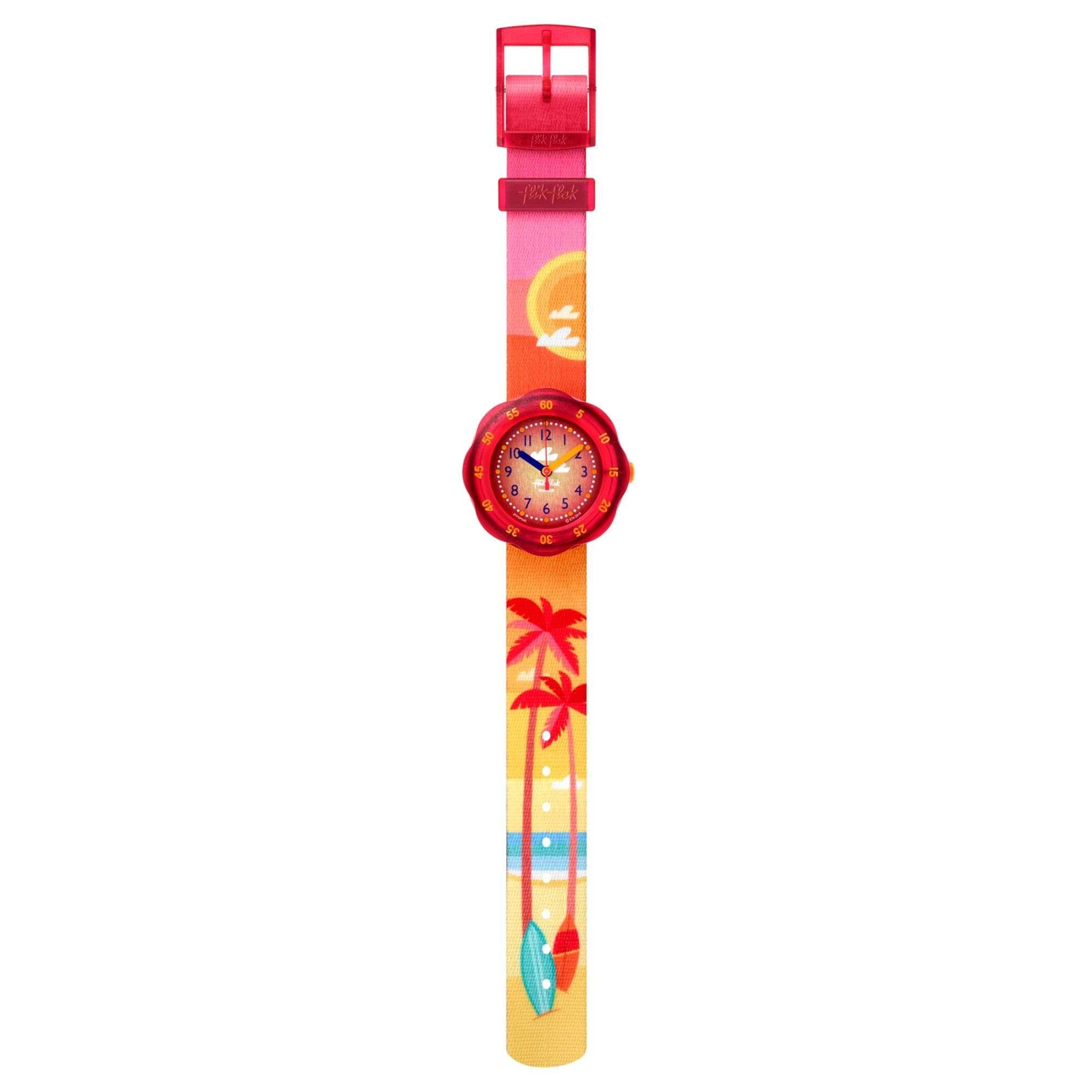 Flik Flak Pool in Miami Palmiboo Quarzwerk Rotes Zifferblatt Textilarmband Kinderuhr FPSP040