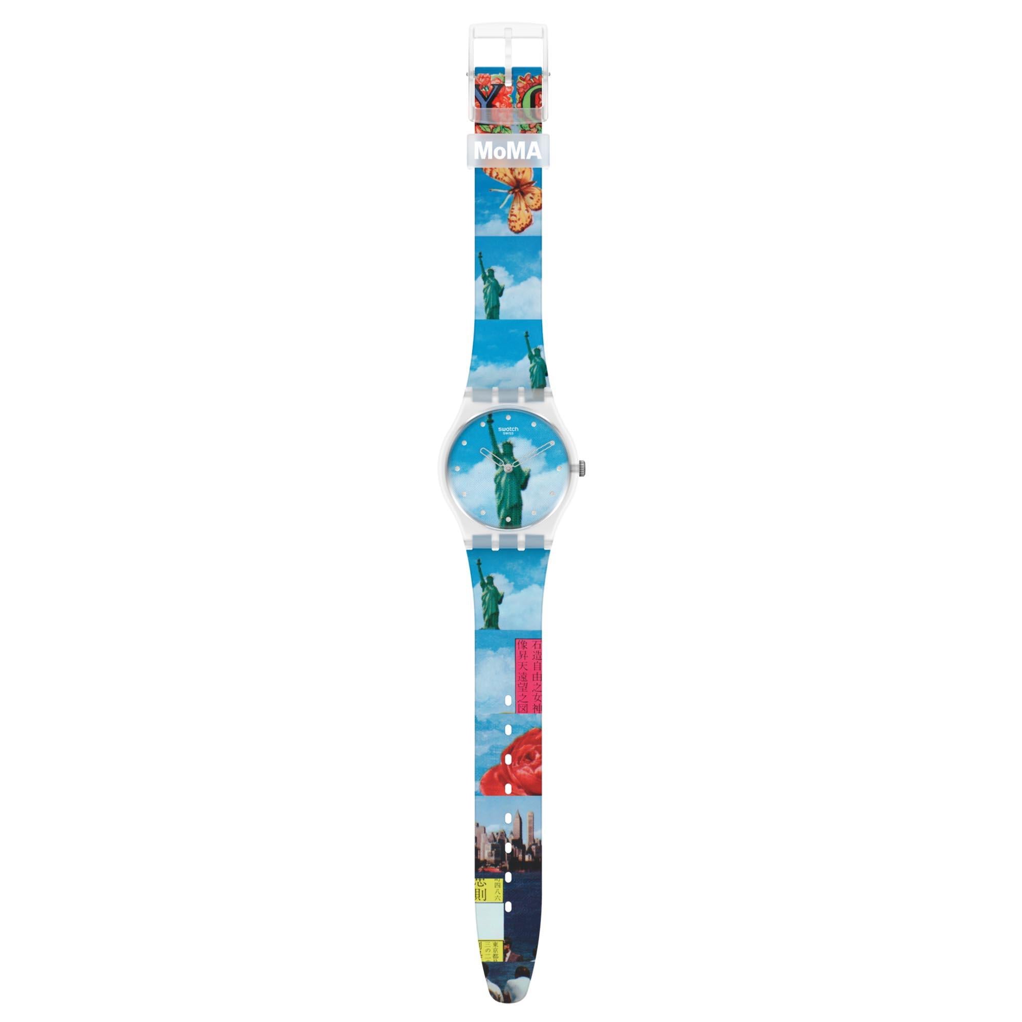 Swatch MoMA New York By Tadanori Yokoo Statue of Liberty Blue Dial Silicone Strap Watch GZ351