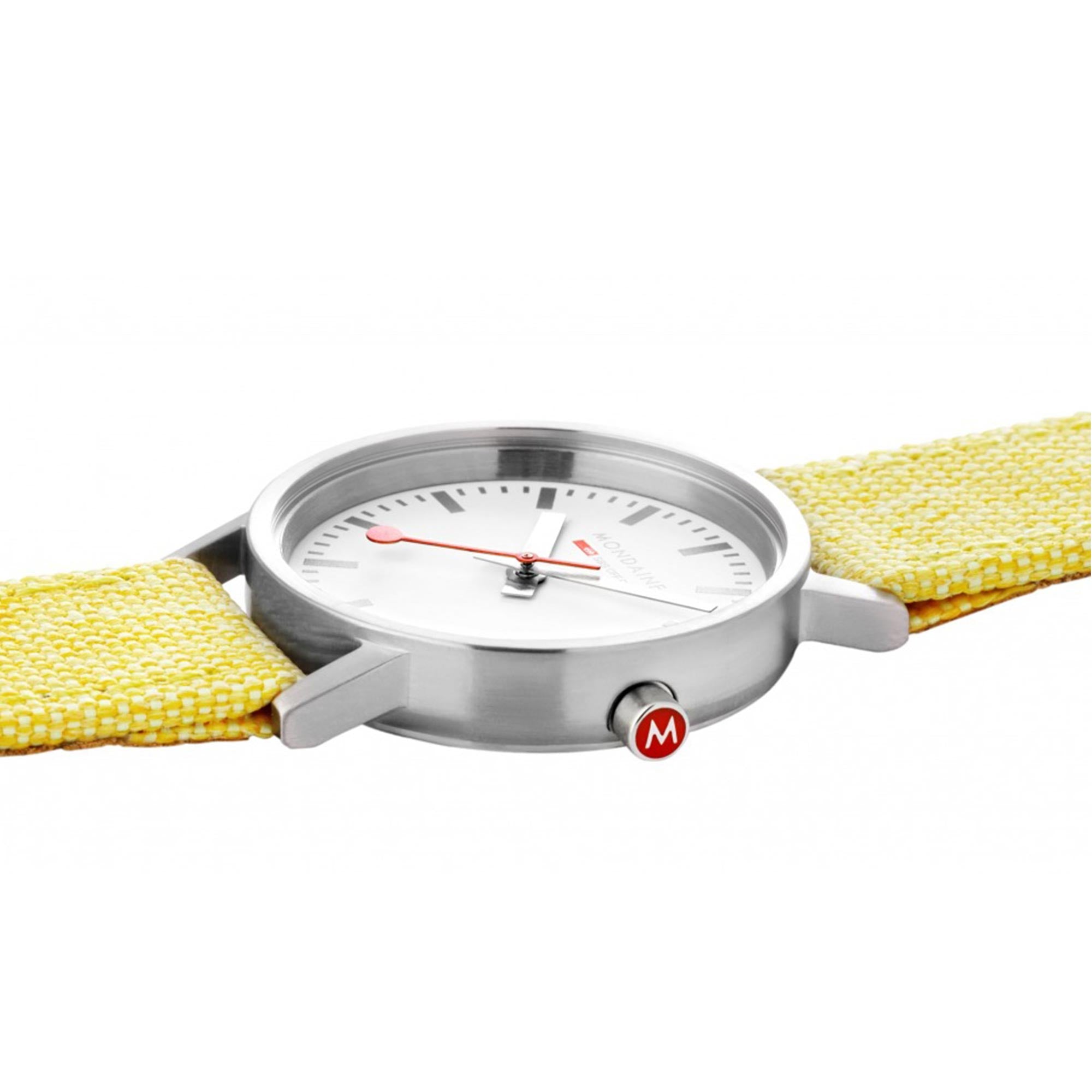 Mondaine Classic Quartz Weißes Zifferblatt Gelbes Recyceltes Textilarmband Damen Uhr A658.30323.17SBE
