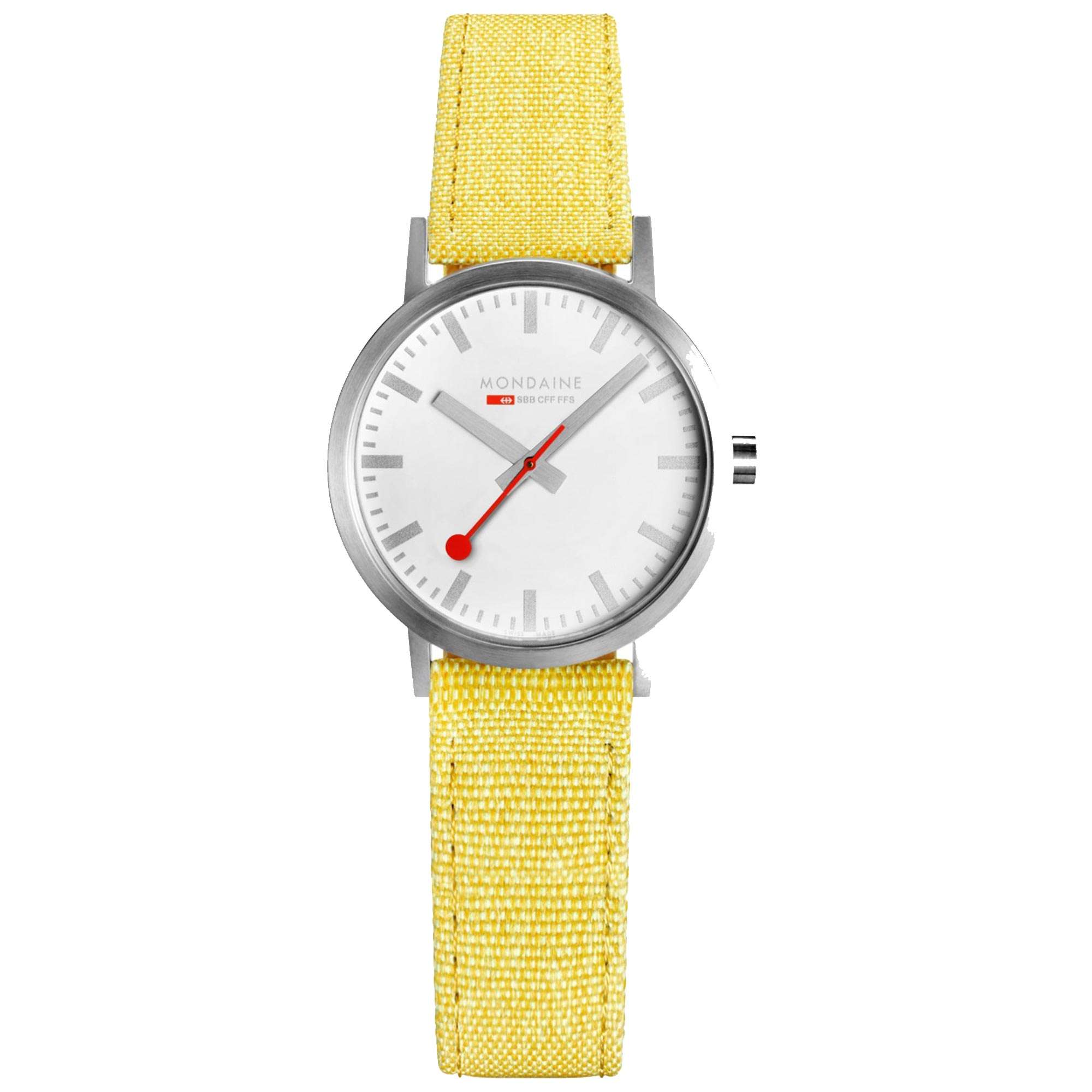 Mondaine Classic Quartz Weißes Zifferblatt Gelbes Recyceltes Textilarmband Damen Uhr A658.30323.17SBE