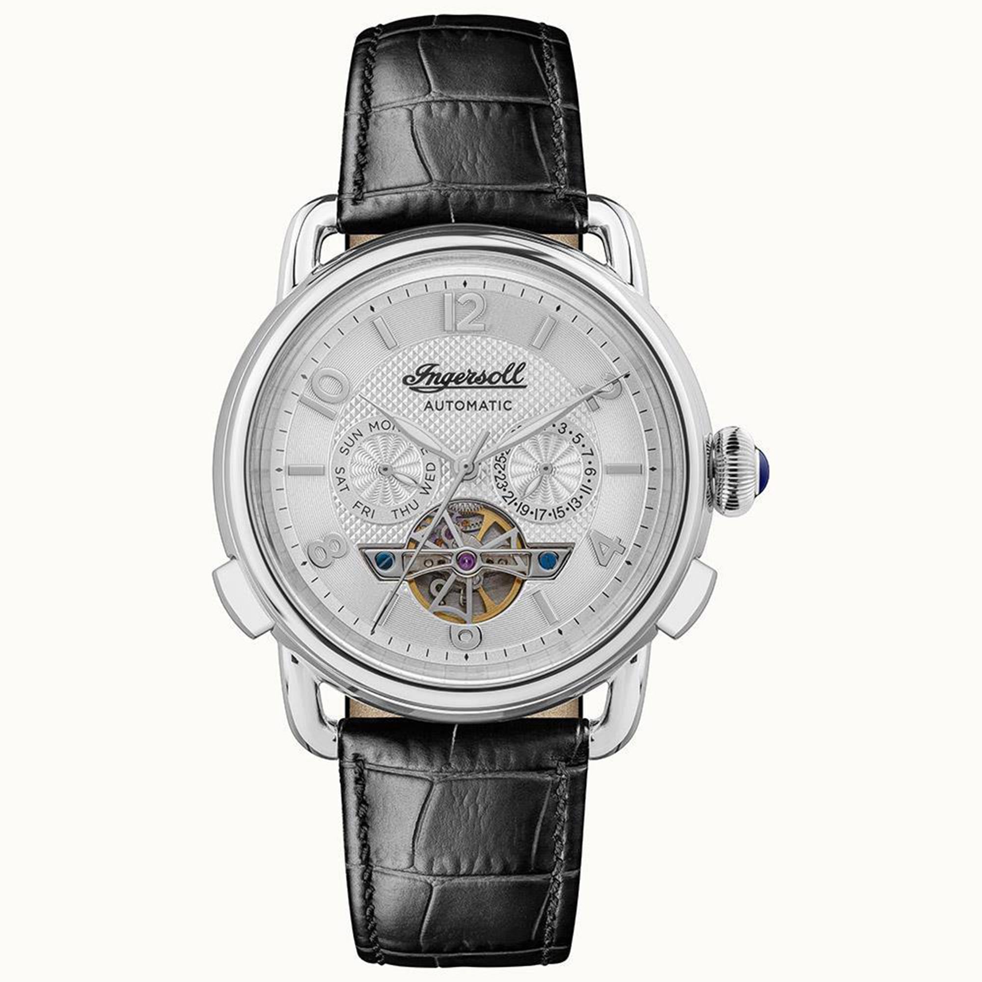 Ingersoll The New England Automatik Silbernes Zifferblatt Schwarzes Lederarmband Herren Uhr I00903B