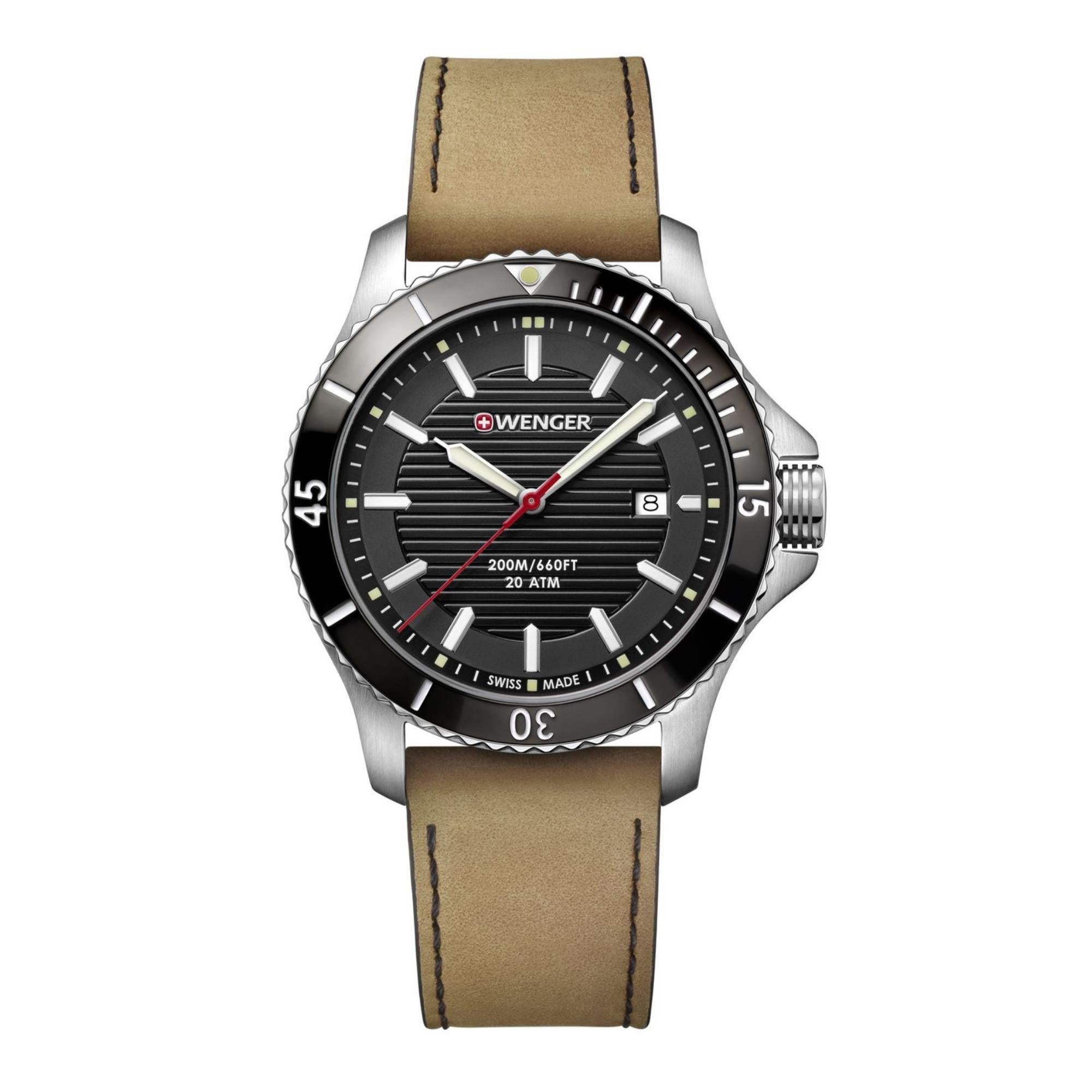Wenger Seaforce Quarz Schwarzes Zifferblatt Braunes Lederarmband Herrenuhr 01.0641.125
