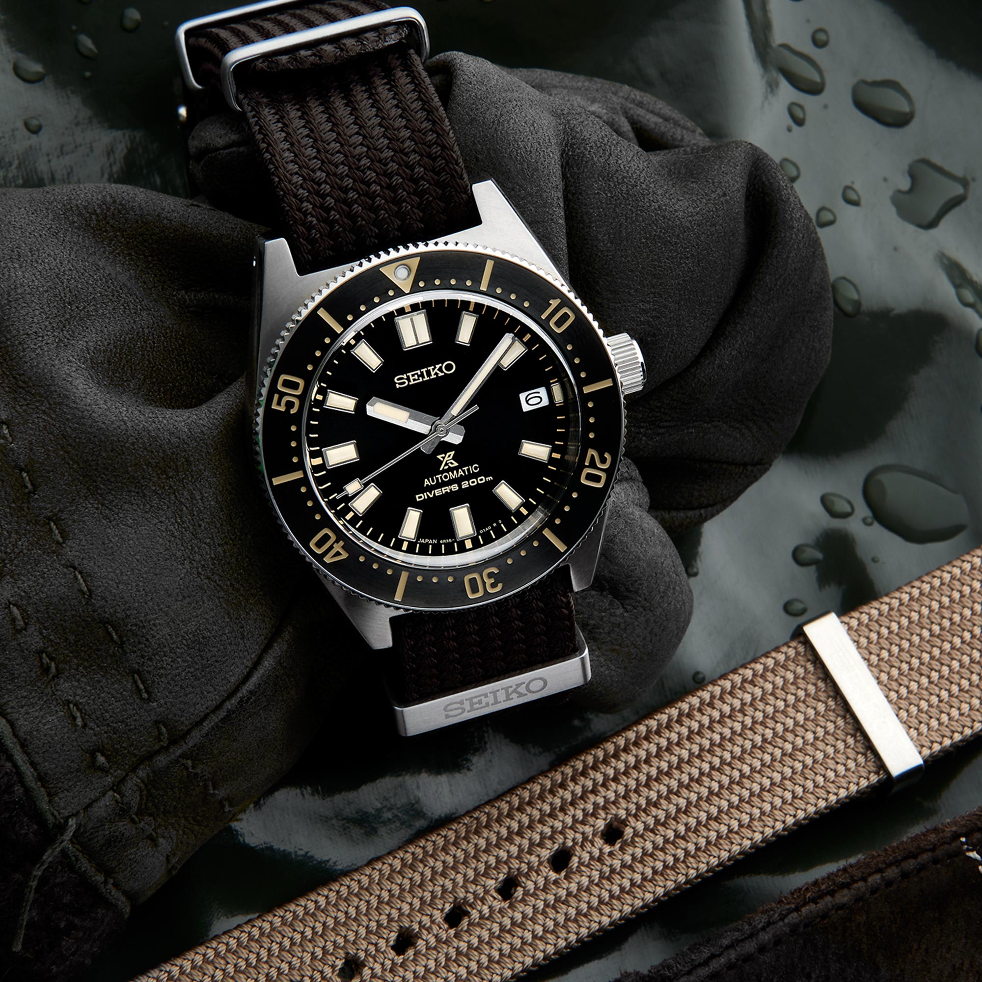 Seiko Prospex Erste japanische Taucheruhr Neuinterpretation Automatik Schwarzes Zifferblatt Nylonarmband Herrenarmbanduhr SPB239J1