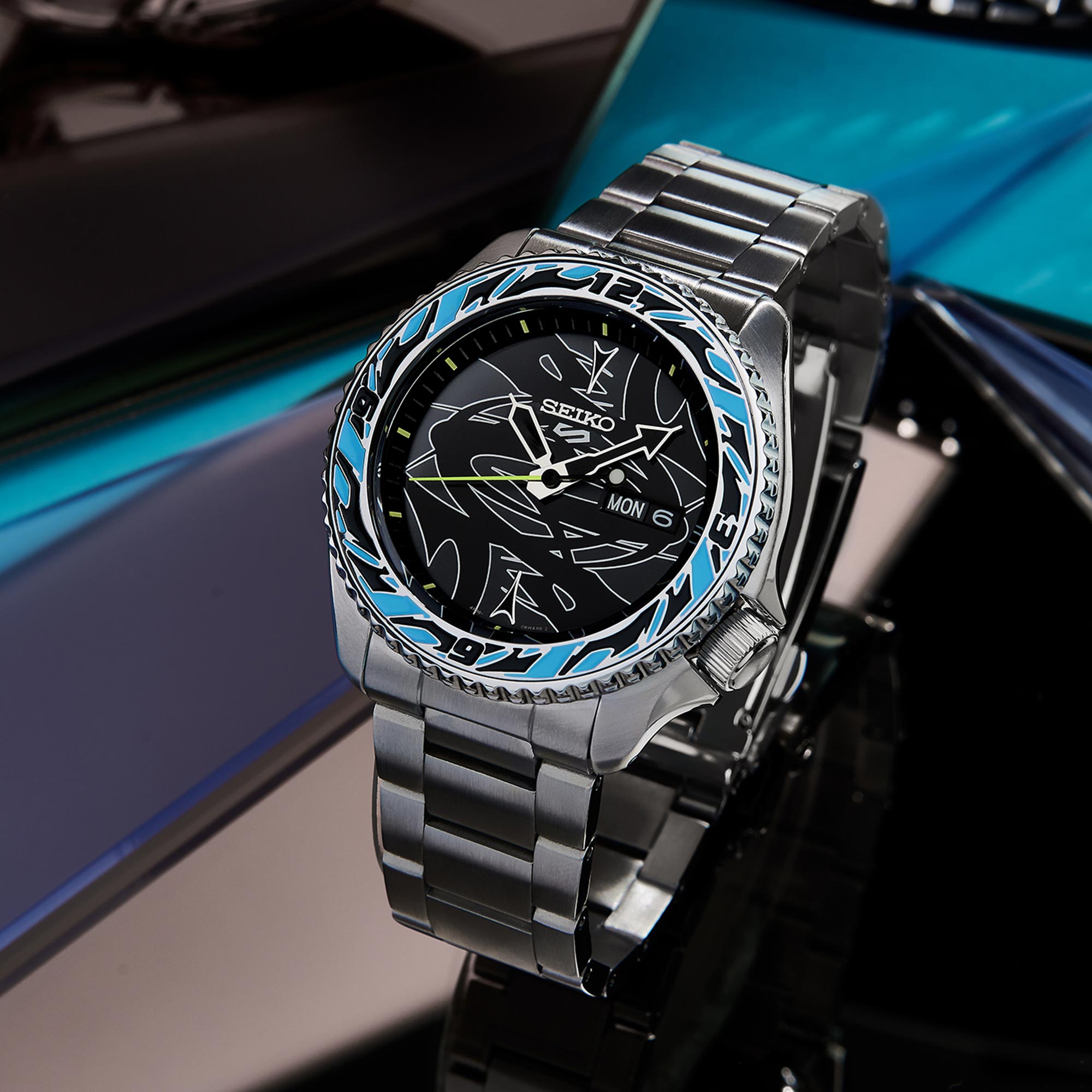Seiko 5 Sports GucciMaze Limited Edition Automatic Black Dial Silver Stainless Steel Bracelet Men's Watch SRPG65K1