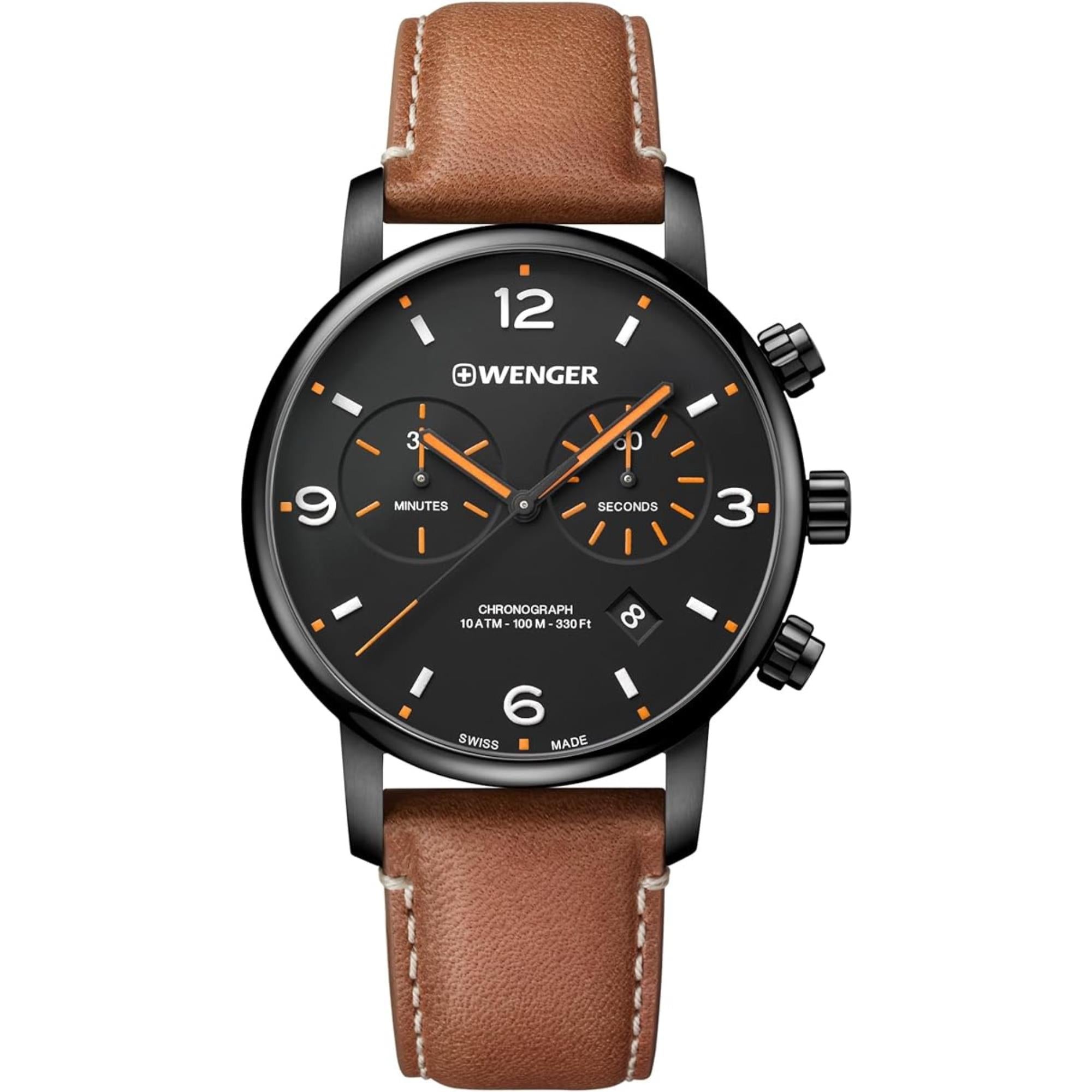 Wenger Urban Metropolitan Chronograph Quarz Schwarzes Zifferblatt Braunes Lederarmband Herren Uhr 01.1743.113
