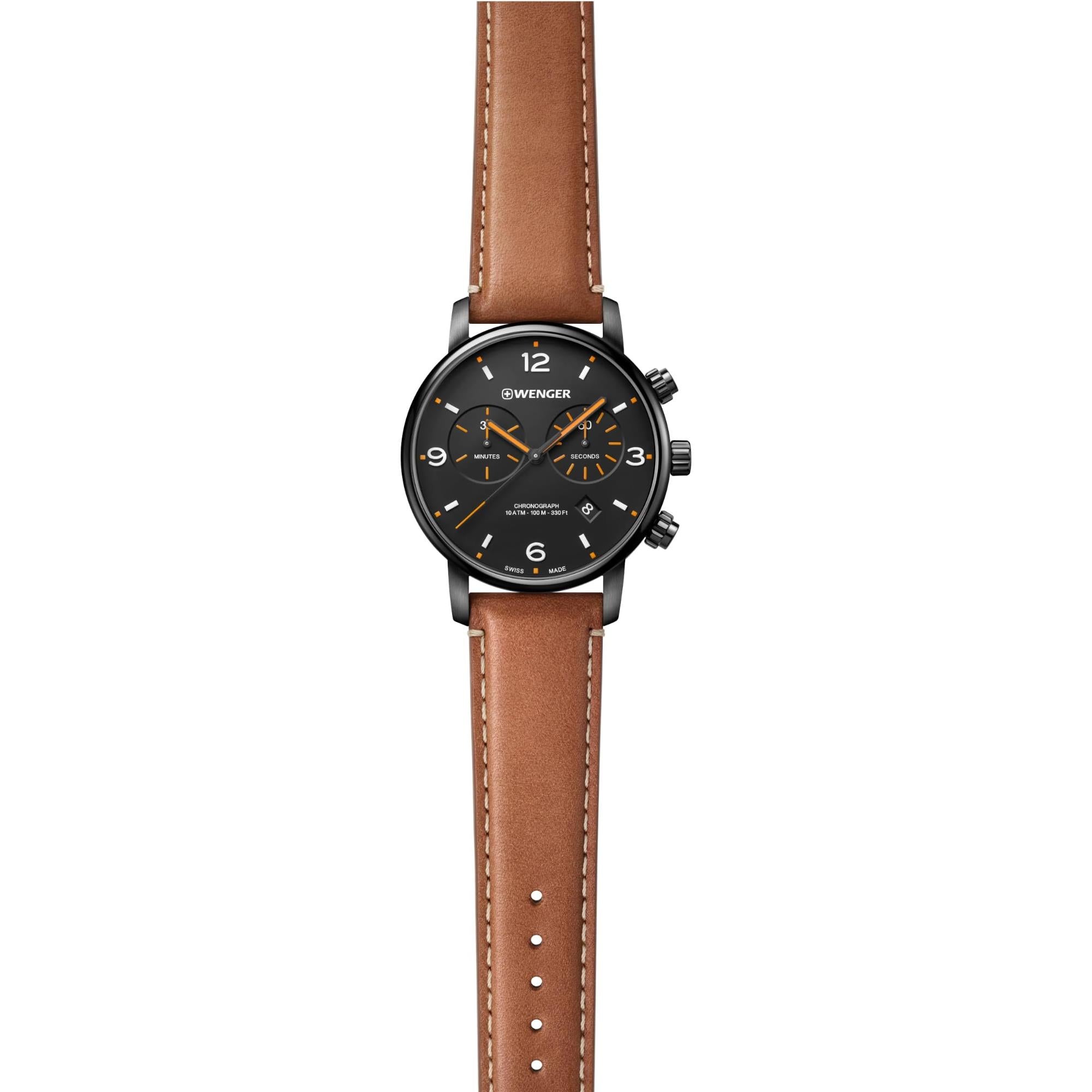 Wenger Urban Metropolitan Chronograph Quarz Schwarzes Zifferblatt Braunes Lederarmband Herren Uhr 01.1743.113