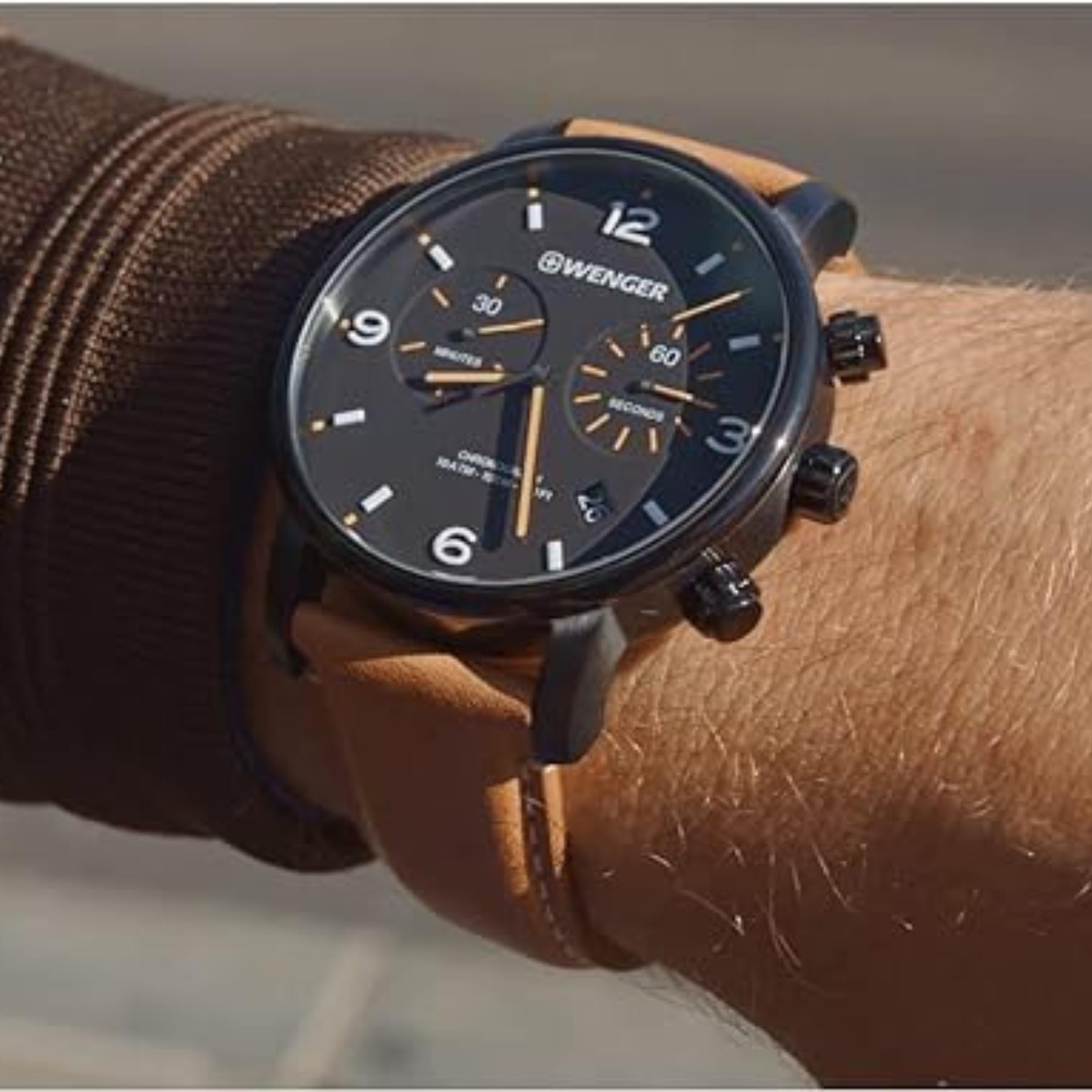 Wenger Urban Metropolitan Chronograph Quarz Schwarzes Zifferblatt Braunes Lederarmband Herren Uhr 01.1743.113