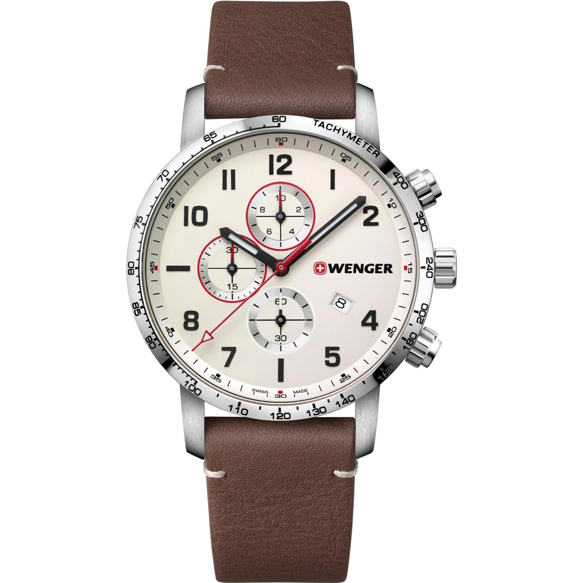 Wenger Attitude Quarz Creme Zifferblatt Braunes Lederarmband Chronograph Herren Uhr 01.1543.113