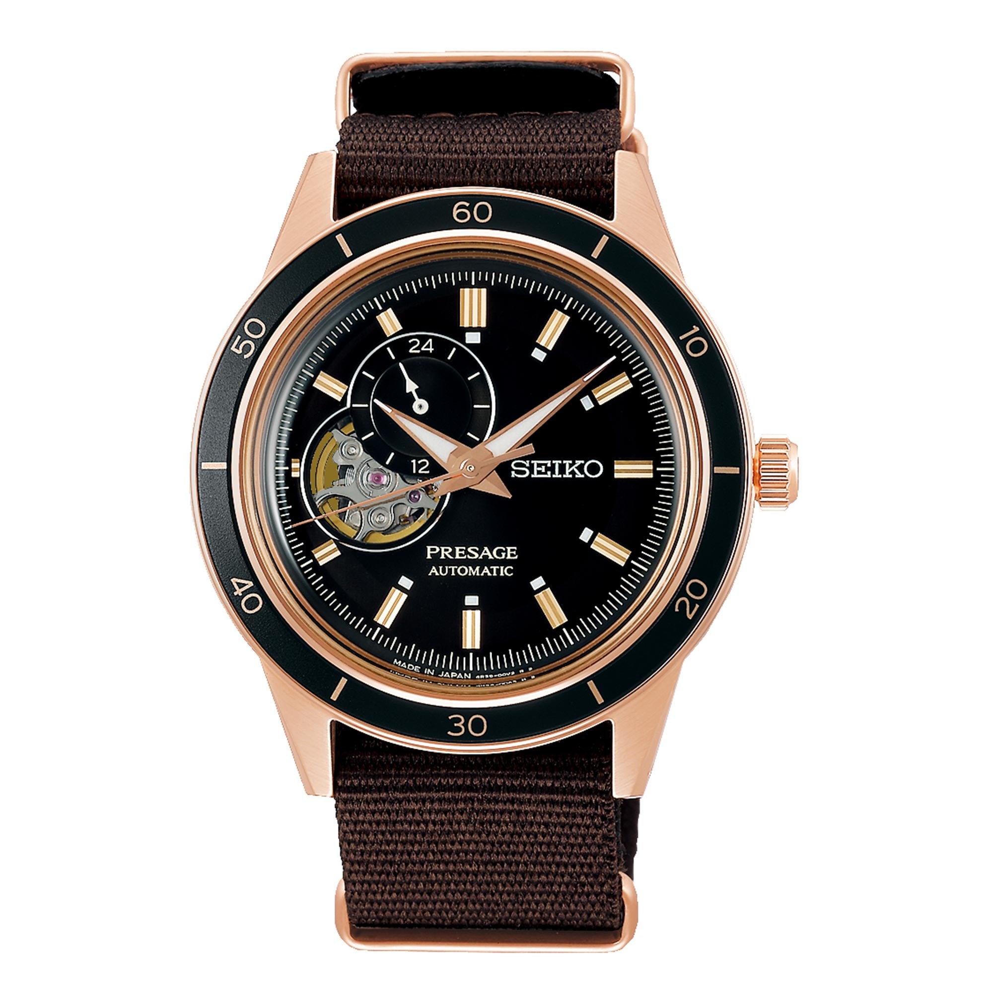 Seiko Presage Stil 60er Automatik Schwarzes Offenes Herz Zifferblatt Braunes NATO-Armband Herrenarmbanduhr SSA426J1