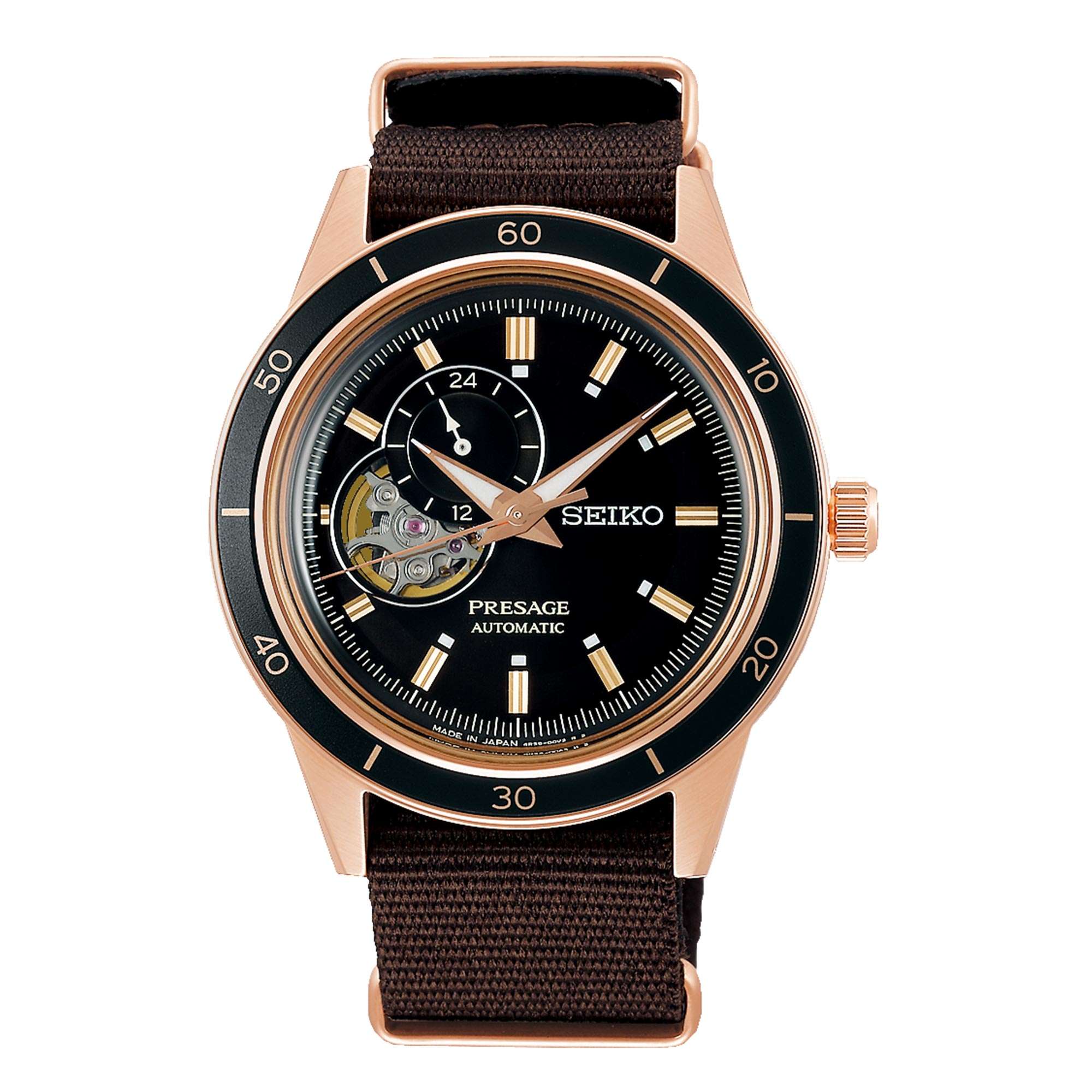 Seiko Presage Stil 60er Automatik Schwarzes Offenes Herz Zifferblatt Braunes NATO-Armband Herrenarmbanduhr SSA426J1