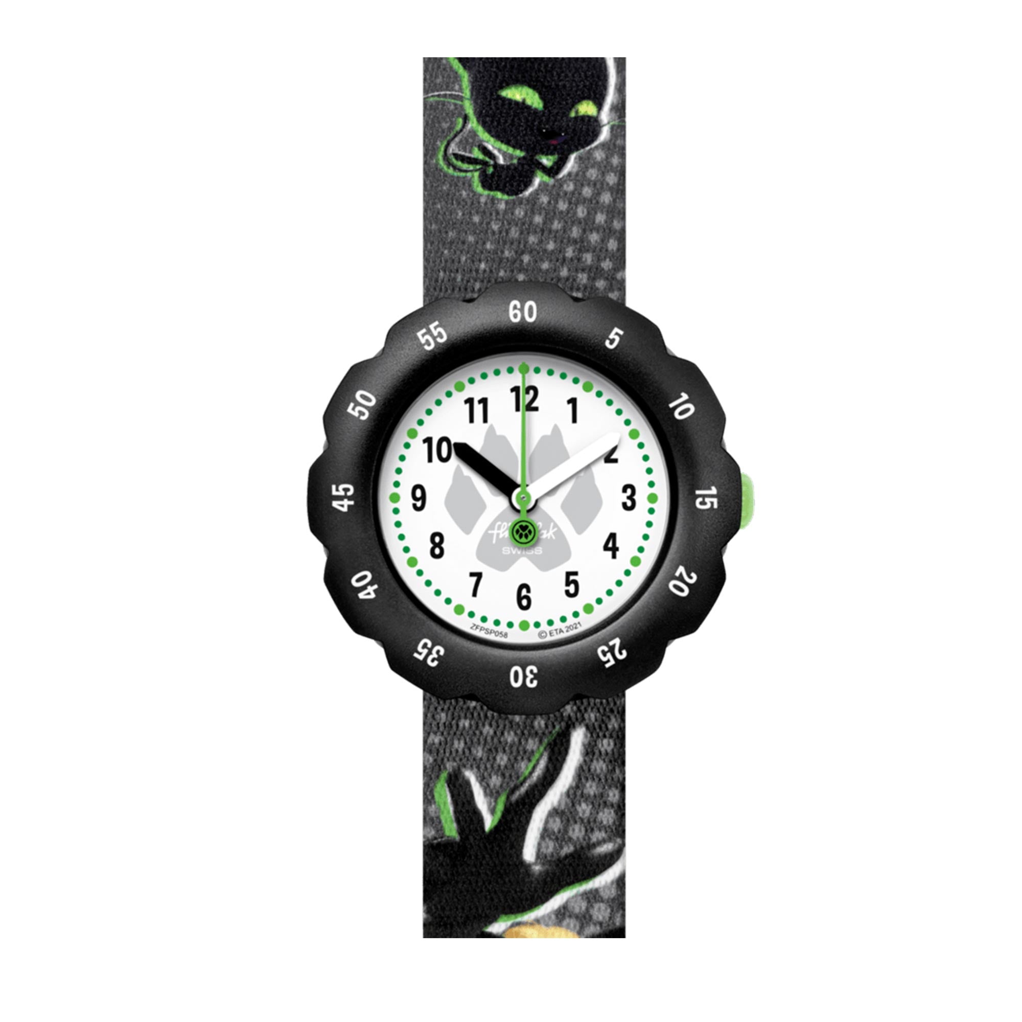 Flik-Flak Cat Noir Quarz Weißes Zifferblatt Schwarzes Kunststoffarmband Kinder Uhr FPSP058