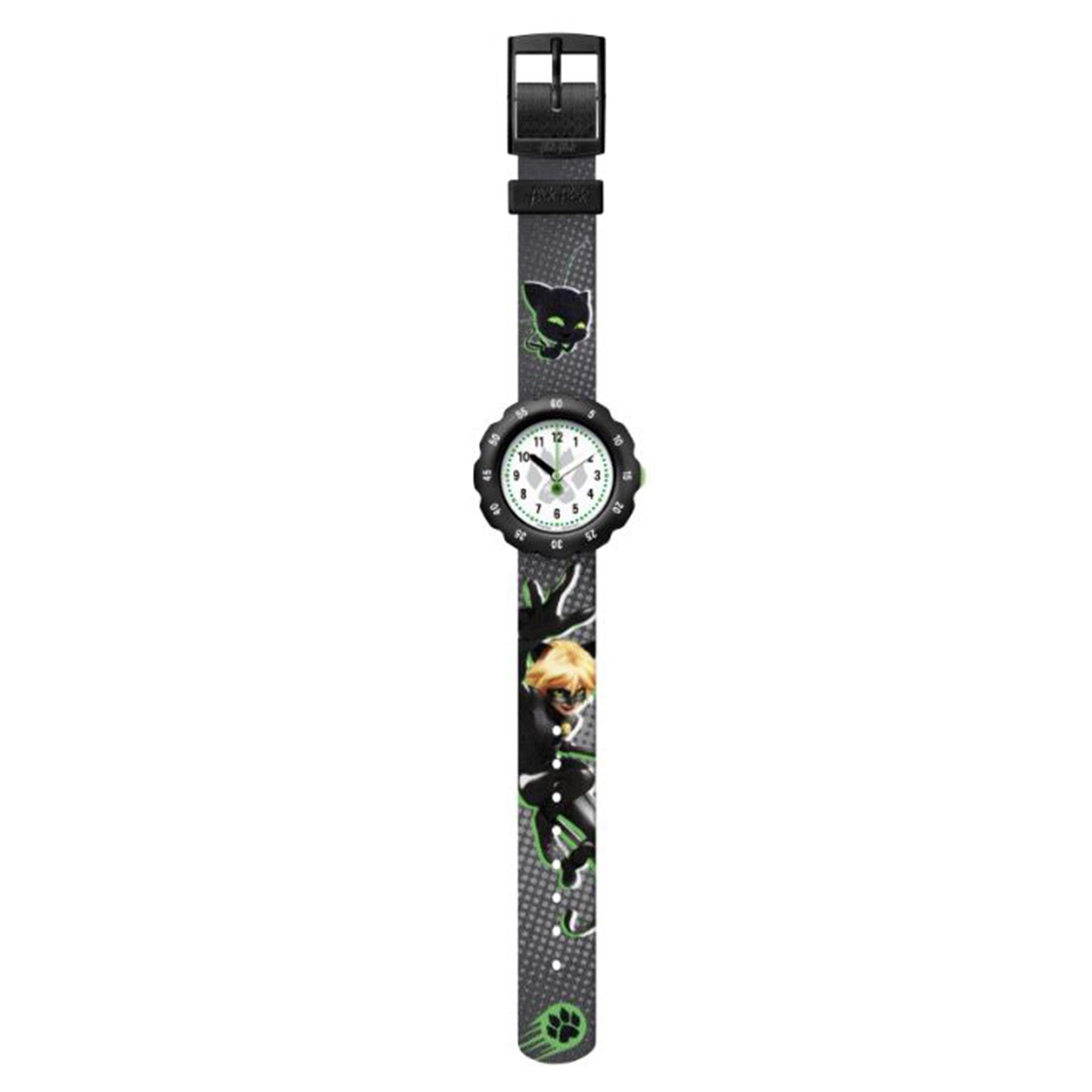 Flik-Flak Cat Noir Quarz Weißes Zifferblatt Schwarzes Kunststoffarmband Kinder Uhr FPSP058