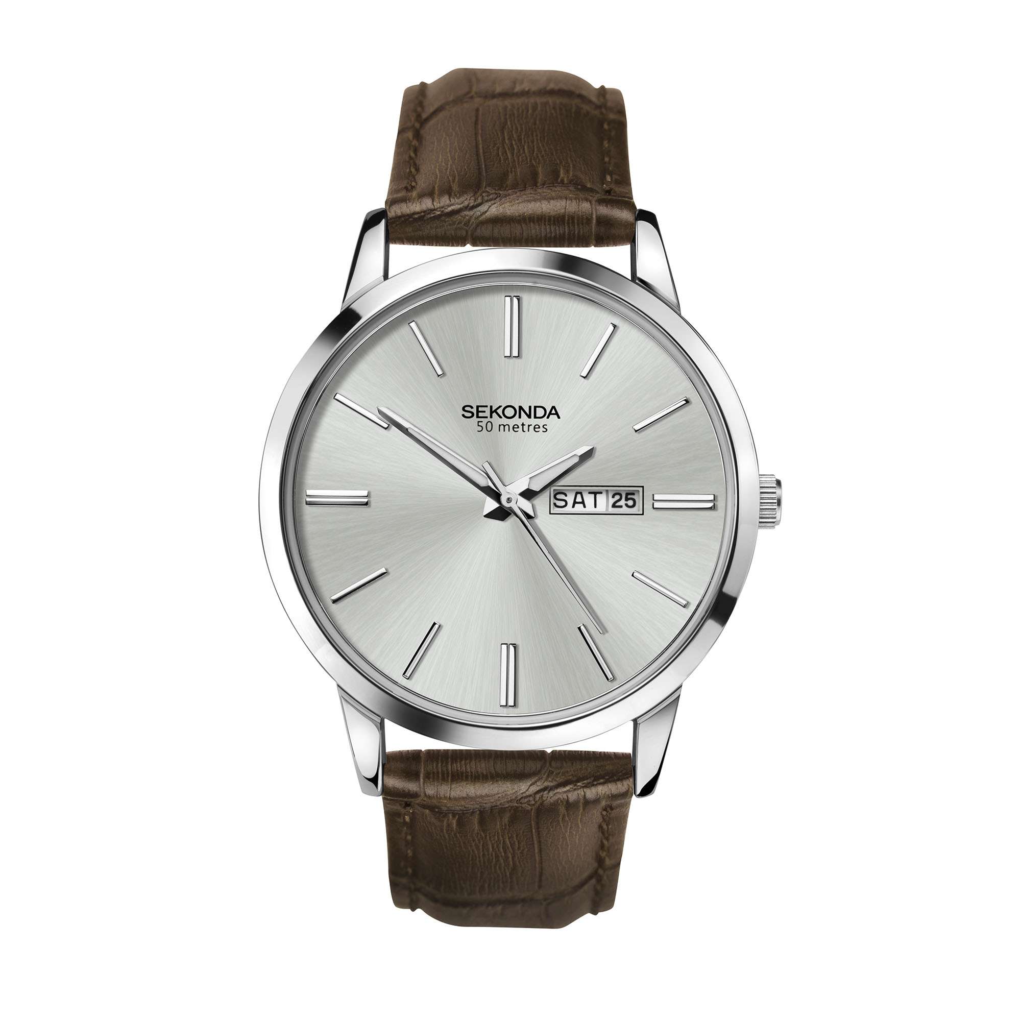 Sekonda Classic Quartz Silver Dial Brown Leather Strap Men’s Watch 1661