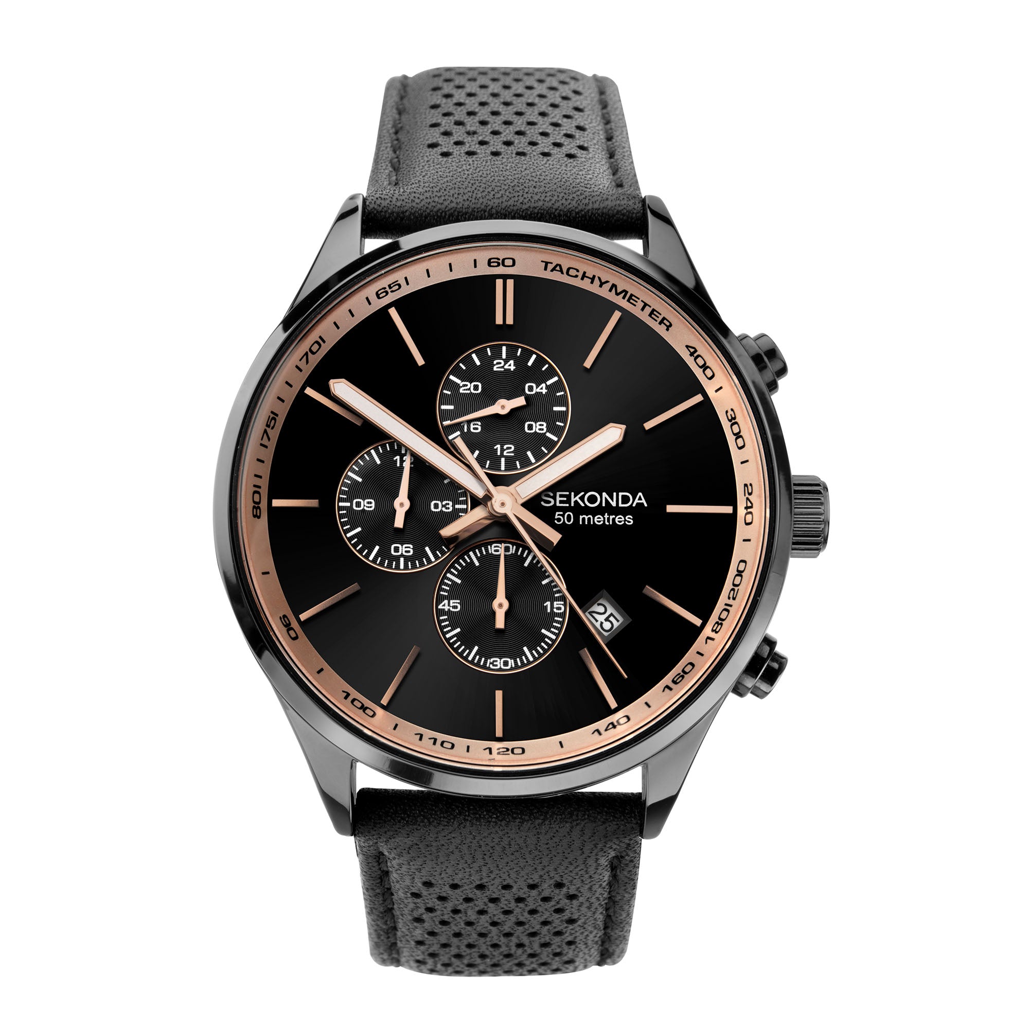 Sekonda Chronograph Quarz Schwarzes Zifferblatt Schwarzes Lederarmband Herren Uhr 1774