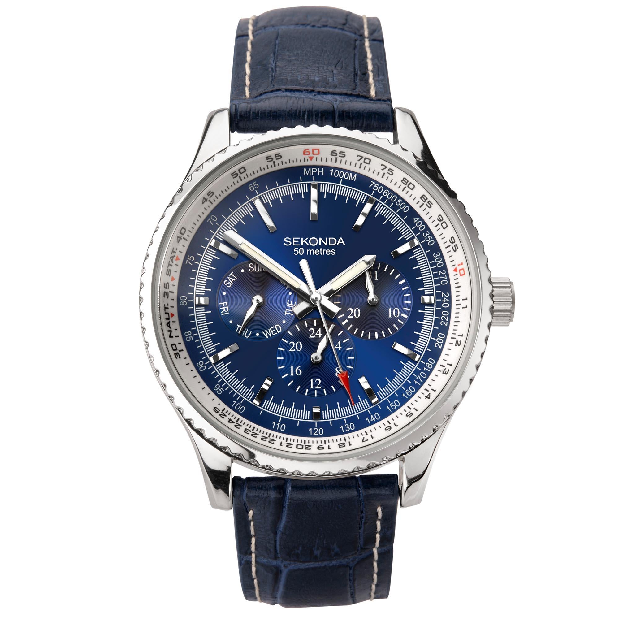 Sekonda Aviation Quarz Blaues Zifferblatt Blauer Lederarmband Herren Uhr 1627
