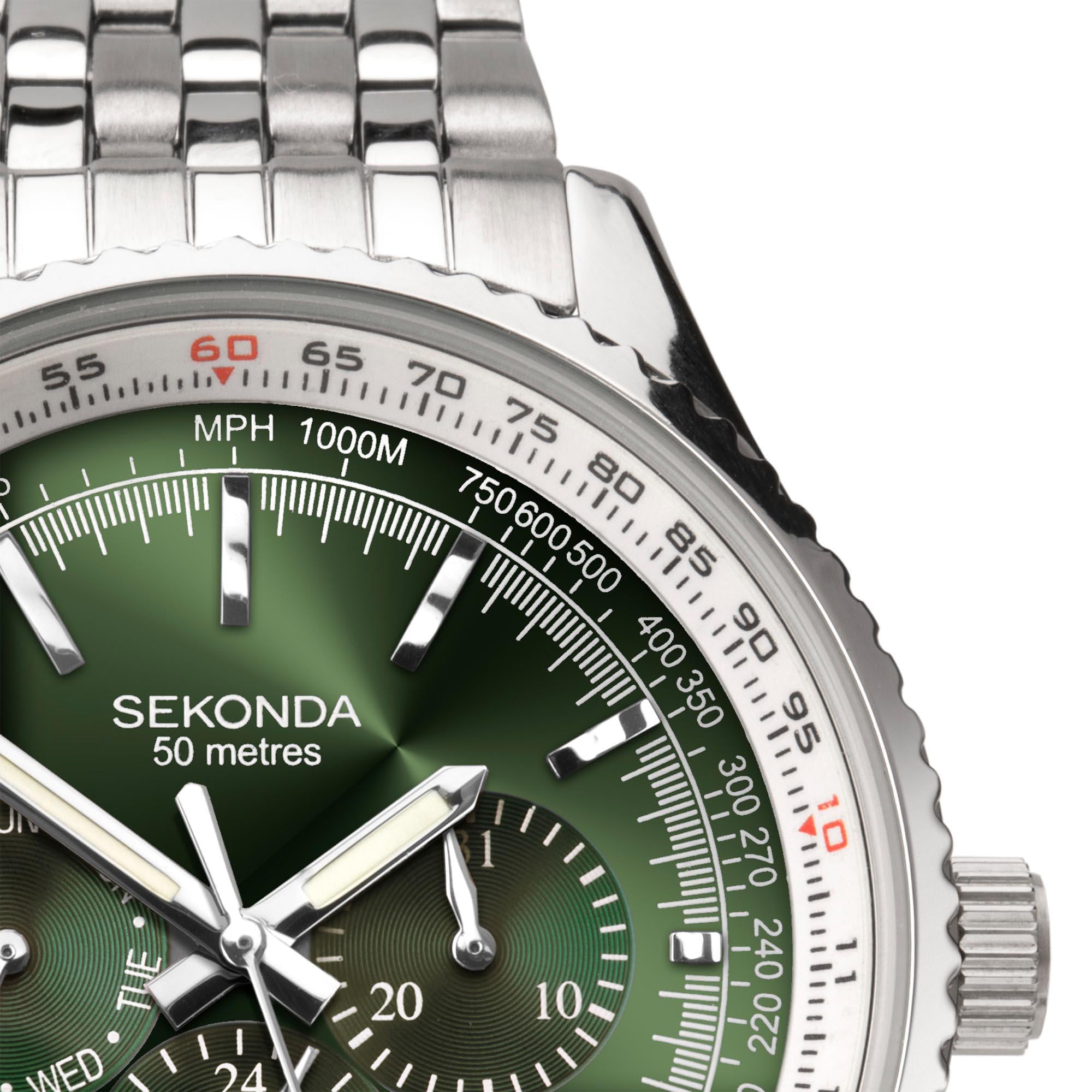 Sekonda Aviation Quarz Grünes Zifferblatt Edelstahl Armband Herren Uhr 1935