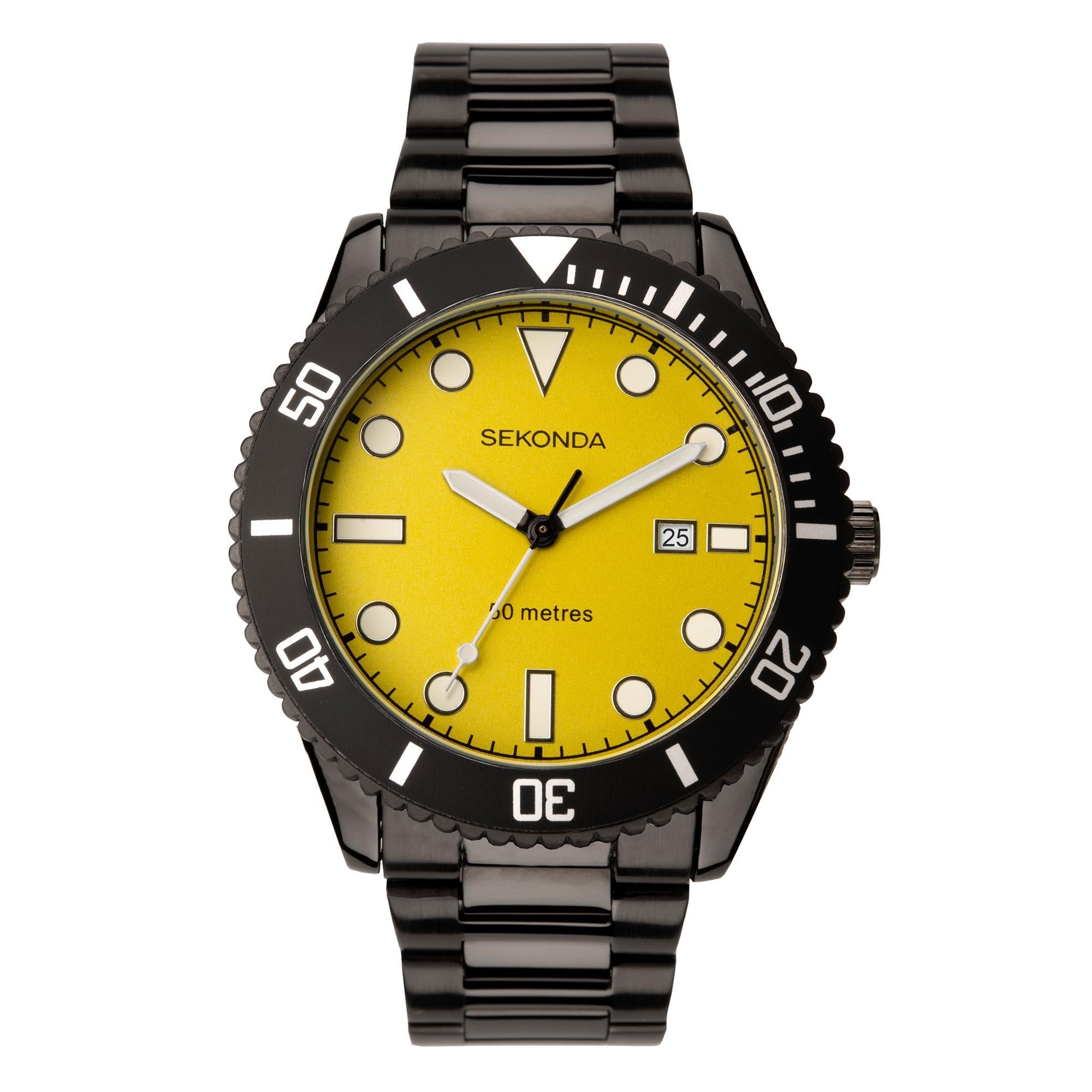 Sekonda Sports Taucherstil Gelbes Zifferblatt Schwarzes IP Stahlarmband Herren Uhr 1978