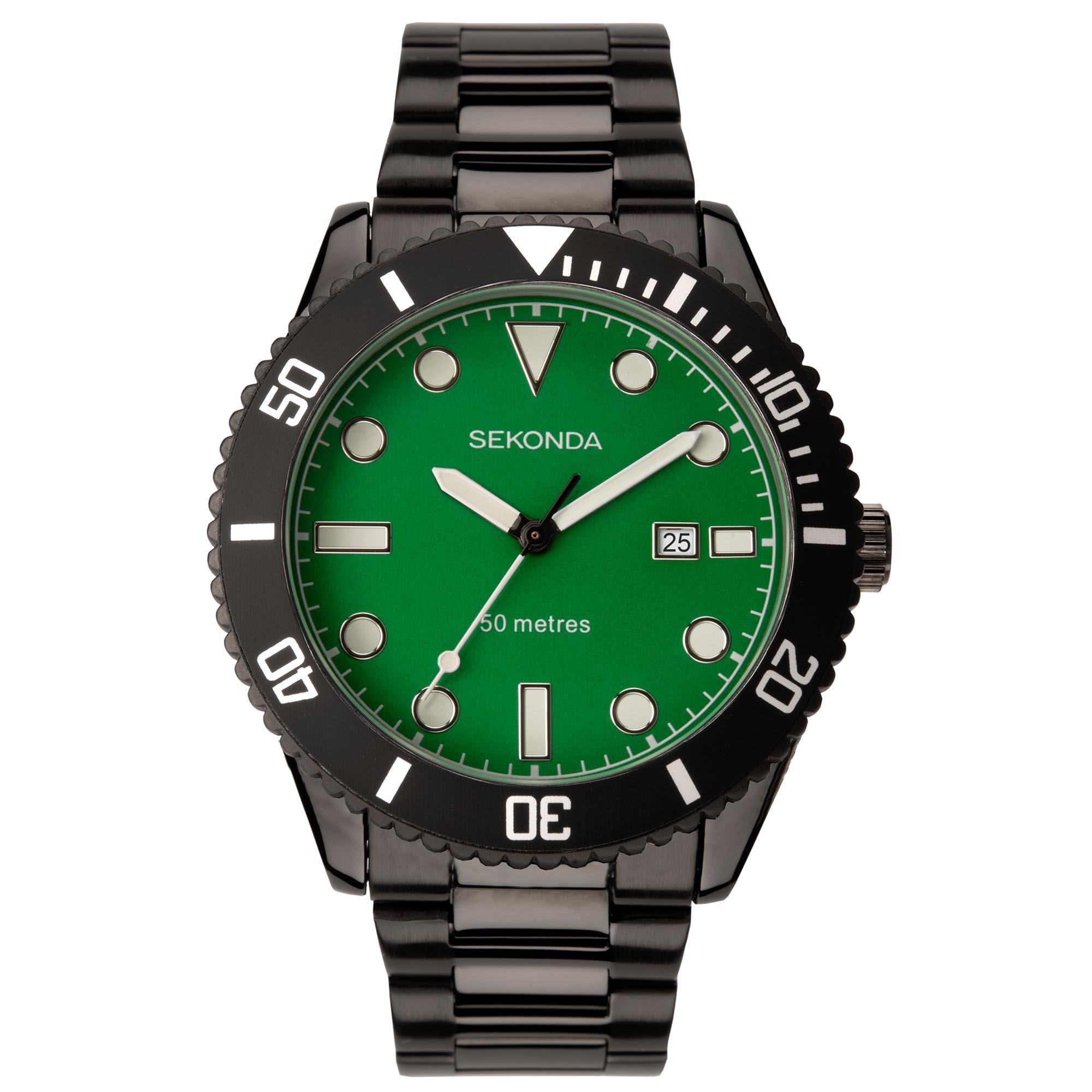 Sekonda Sports Dive Style Green Dial Black Steel Bracelet Men's Watch 1983